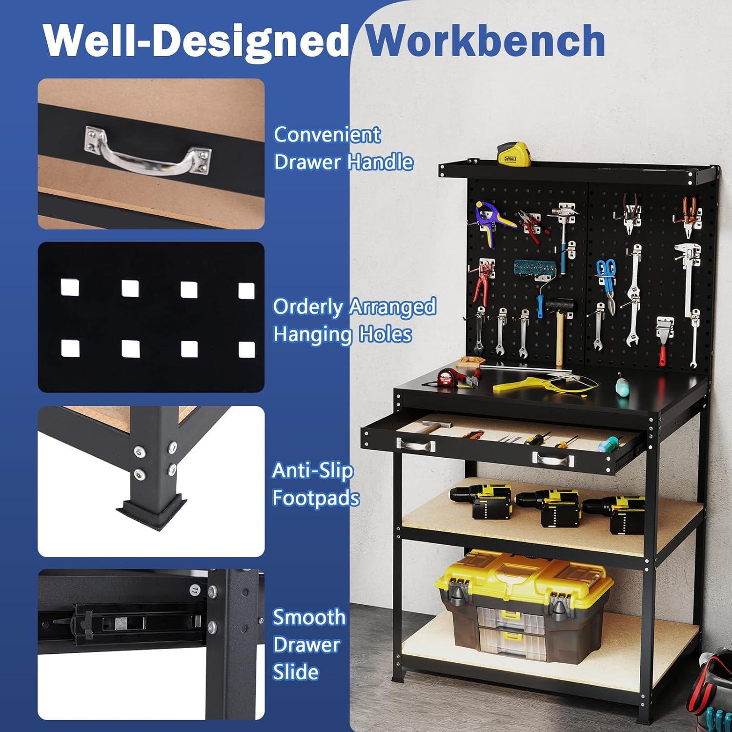 Topcobe 32 x 16 Inch Workbench Work Table with 2 PCs Pegboard Drawer and Shelves, Modern Furniture for Indoor-Black