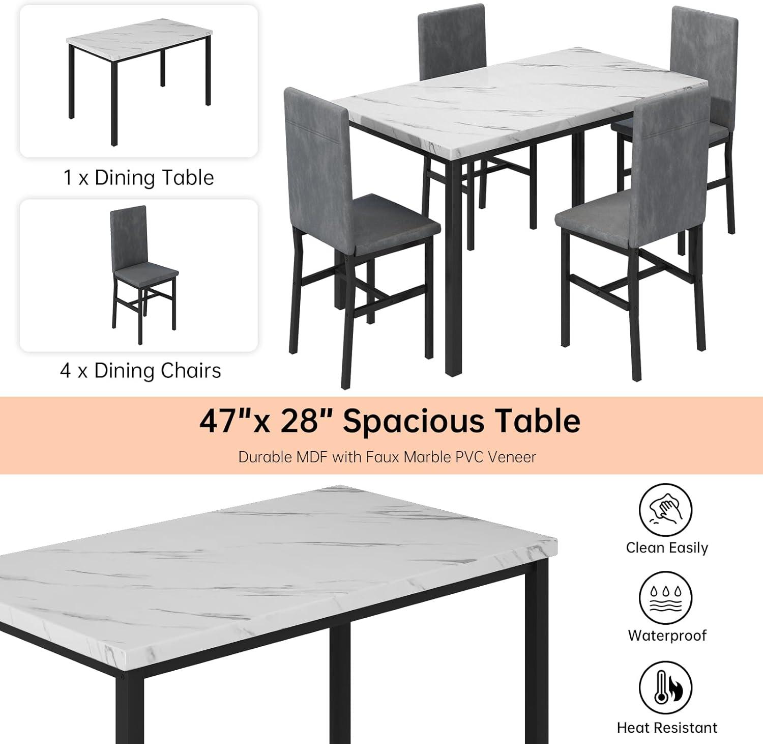 Recaceik 5-Piece Marble Dining Table Set with 4 Velvet Metal Frame Chairs for 4, 31.2"H Table