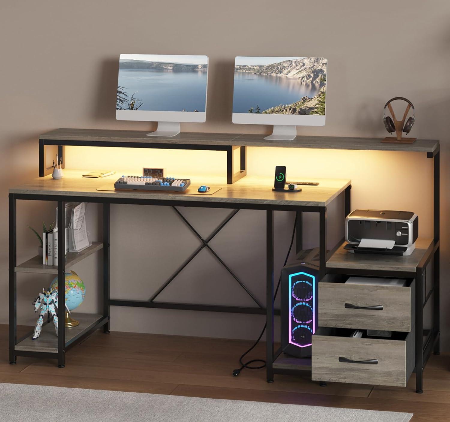 Computer Gaming Desk with File Drawers, 63'' Home Office Desk with Power Outlets & LED Light, Printer Space, Monitor Stand, and Storage Shelves, Ideal for Work Game Study