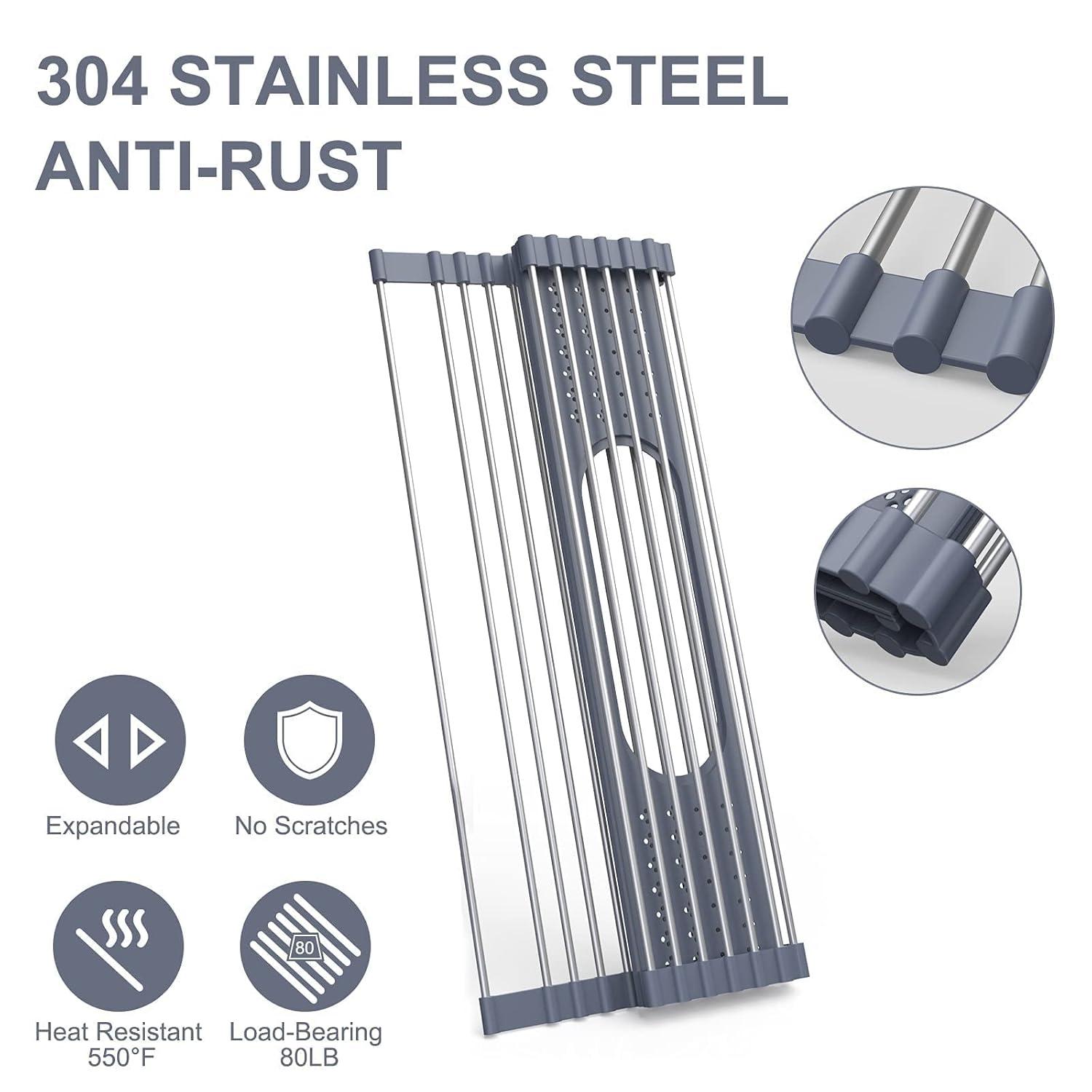 THE GLAMOUR BOUTIQUES Roll Up Dish Drying Rack 17.5" X 15.2" Over The Sink Dish Drying Rack, Multi-Purpose Kitchen Rolling Dish Drainer Foldable SUS 304 Stainless Steel Dish Drying Rack