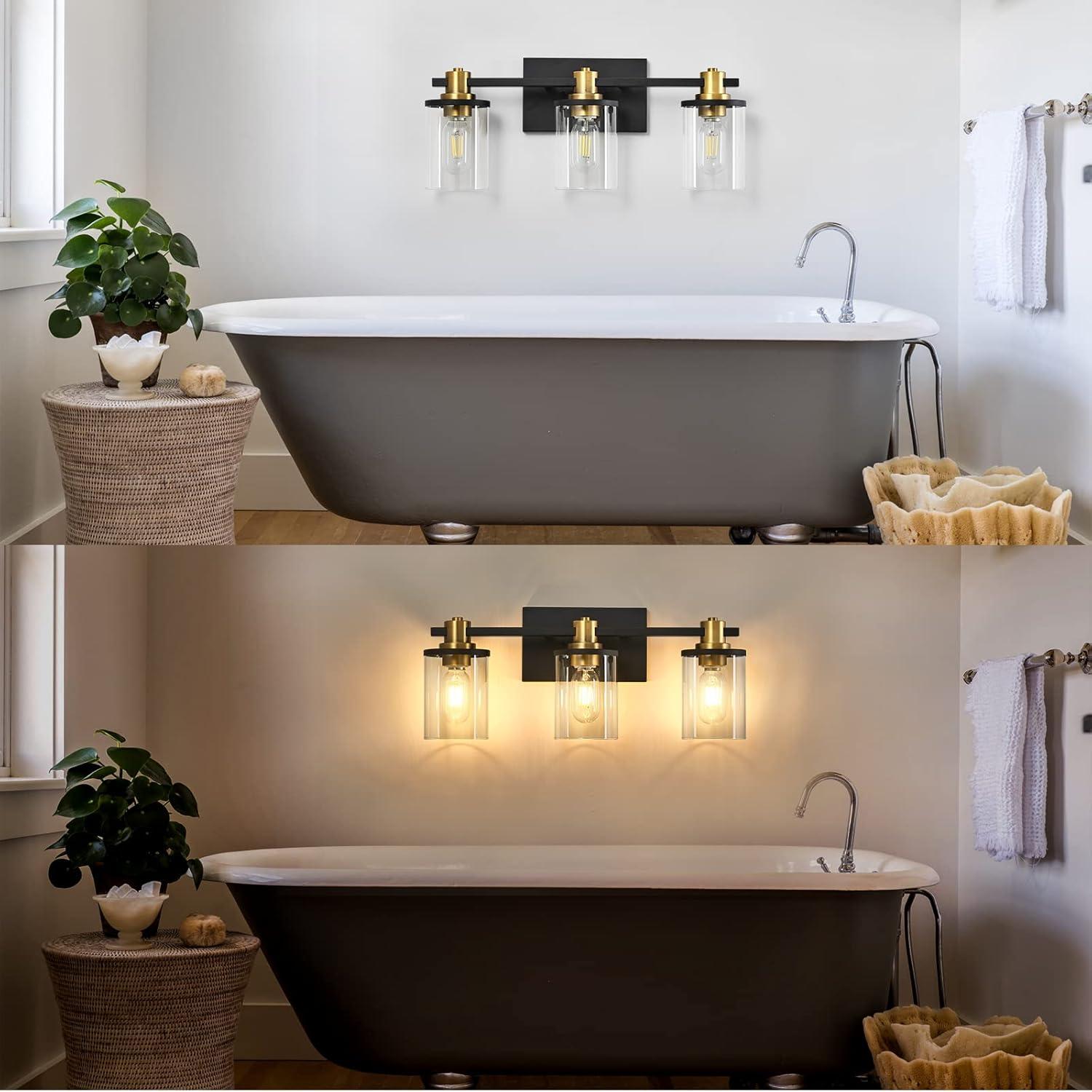 Black and Gold 3-Light Vanity with Clear Glass Shades