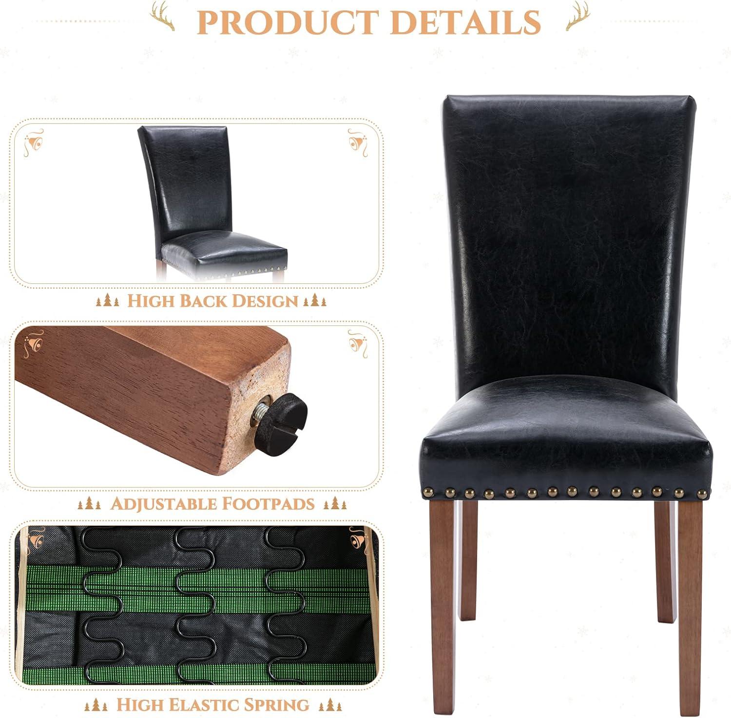 Colamy Black Upholstered Wood Legs Parsons Leather Dining Chairs with Nail head Trim Set of 2 for Dining Room
