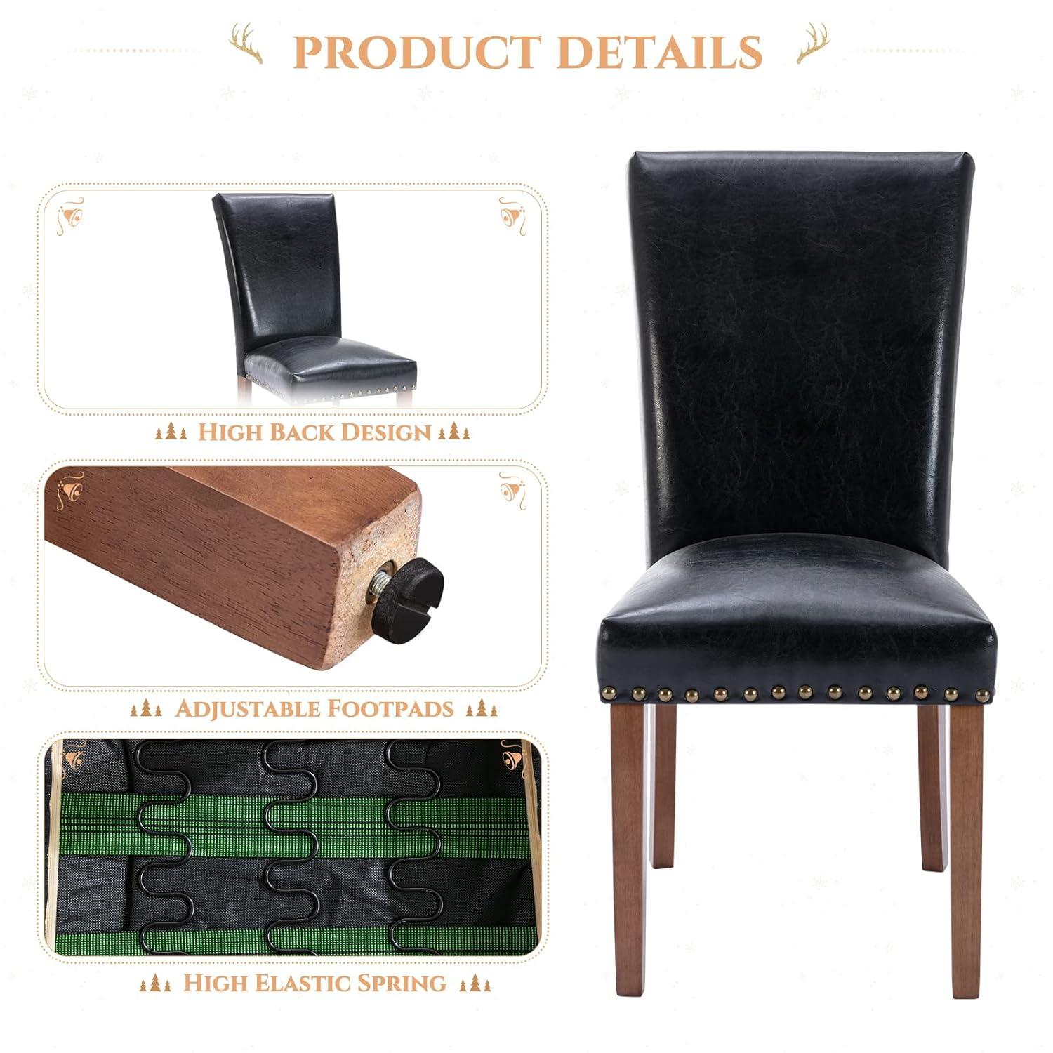 Colamy Black Upholstered Wood Legs Parsons Leather Dining Chairs with Nail head Trim Set of 2 for Dining Room