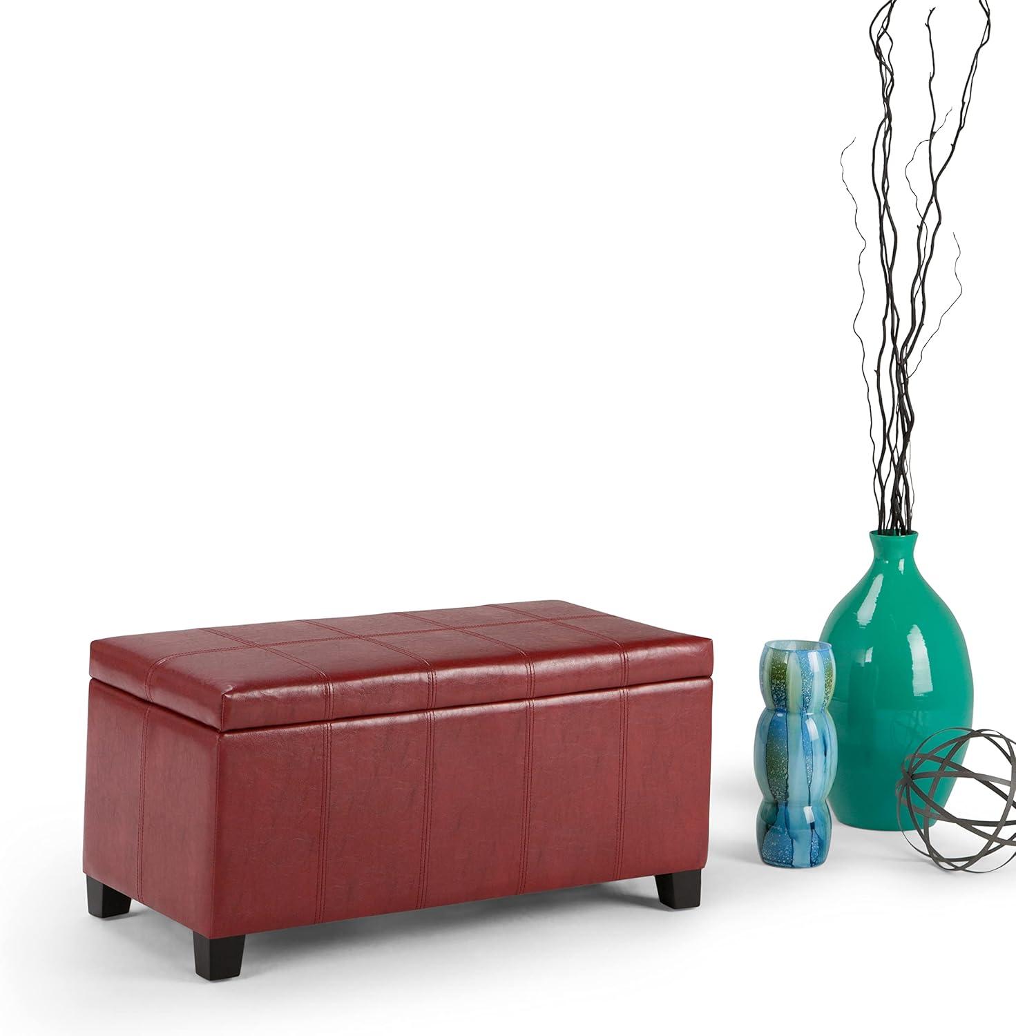 Simpli Home Dover Faux Leather Storage Bench in Radicchio Red