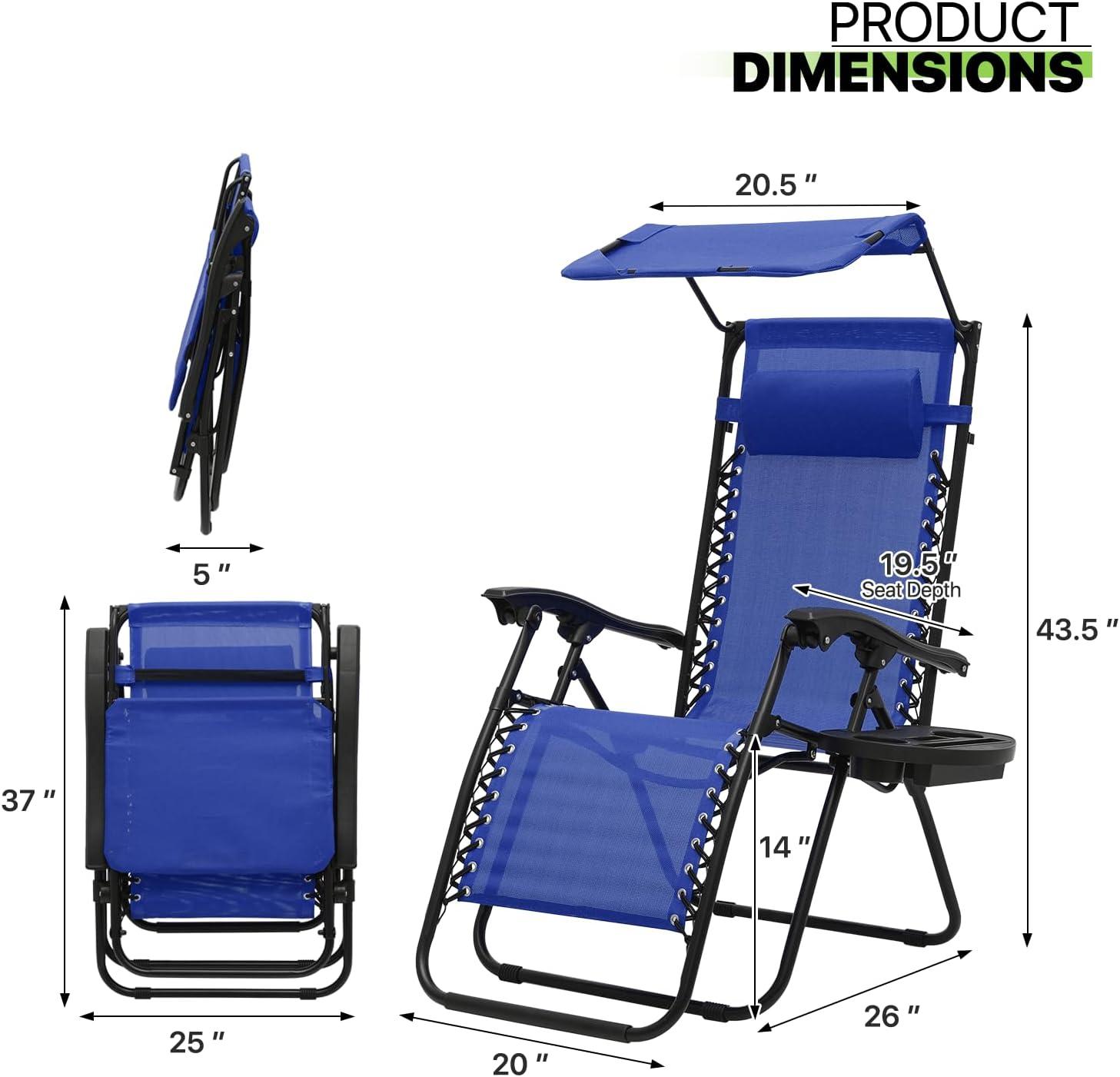 Magshion Set of 2 Zero Gravity Chair Outdoor Folding Recliner Lounge Chair with Adjustable Sunshade Canopy and Cup Holder, Blue