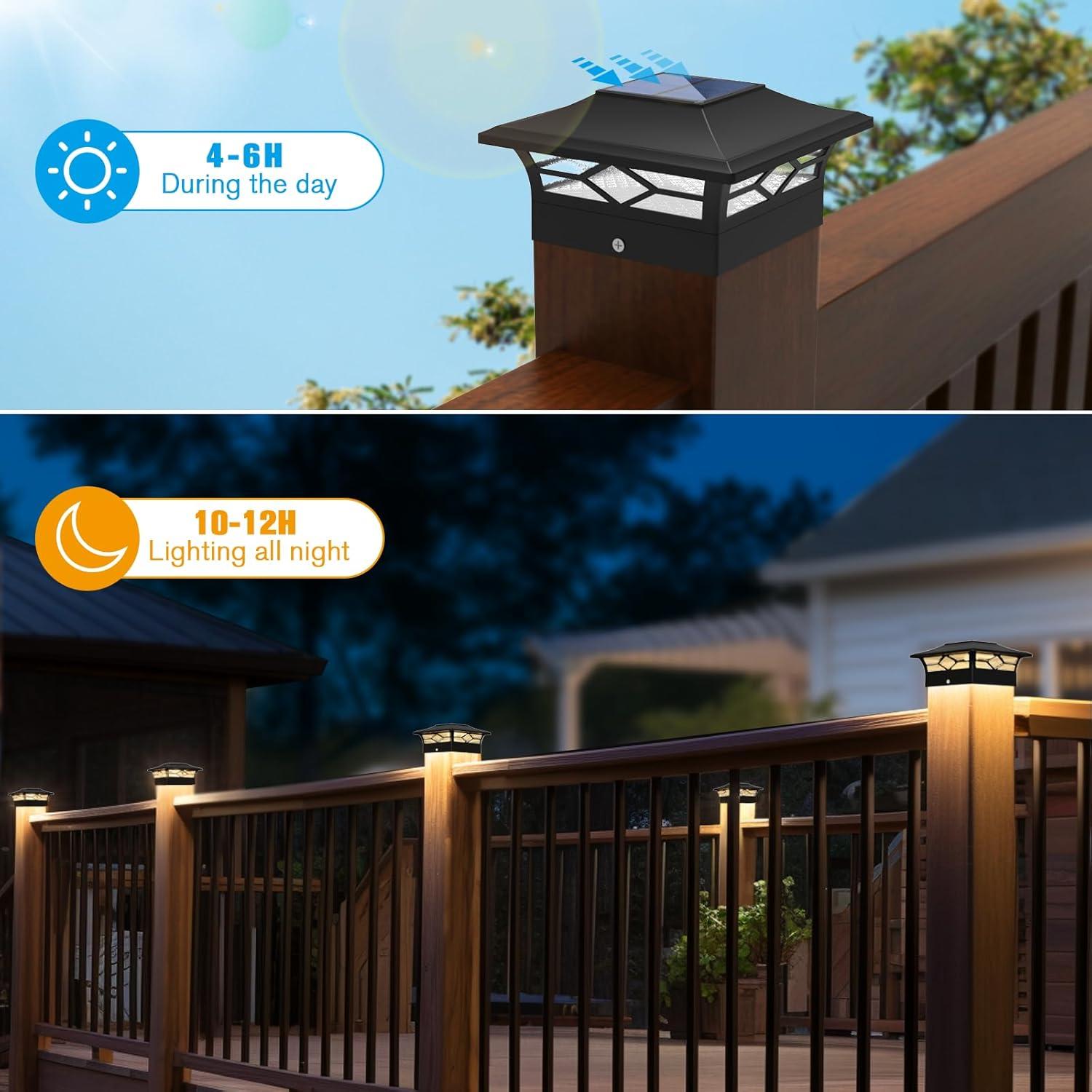 Solar Post Cap Lights: 6 - Pack Outdoor Post Light for White/Black 4x4 Vinyl Fence Deck - Dock 4x4/6x6 Wooden Post 2 Color Modes Waterproof Warm White