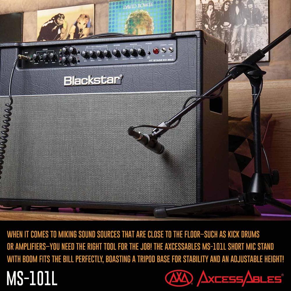 AxcessAbles Short Microphone Stand with Boom Arm | Low Profile Mic Tripod Stand for Kick Drums | Guitar Amp Stand | Low-Pro Mike Stand (MS-101L)