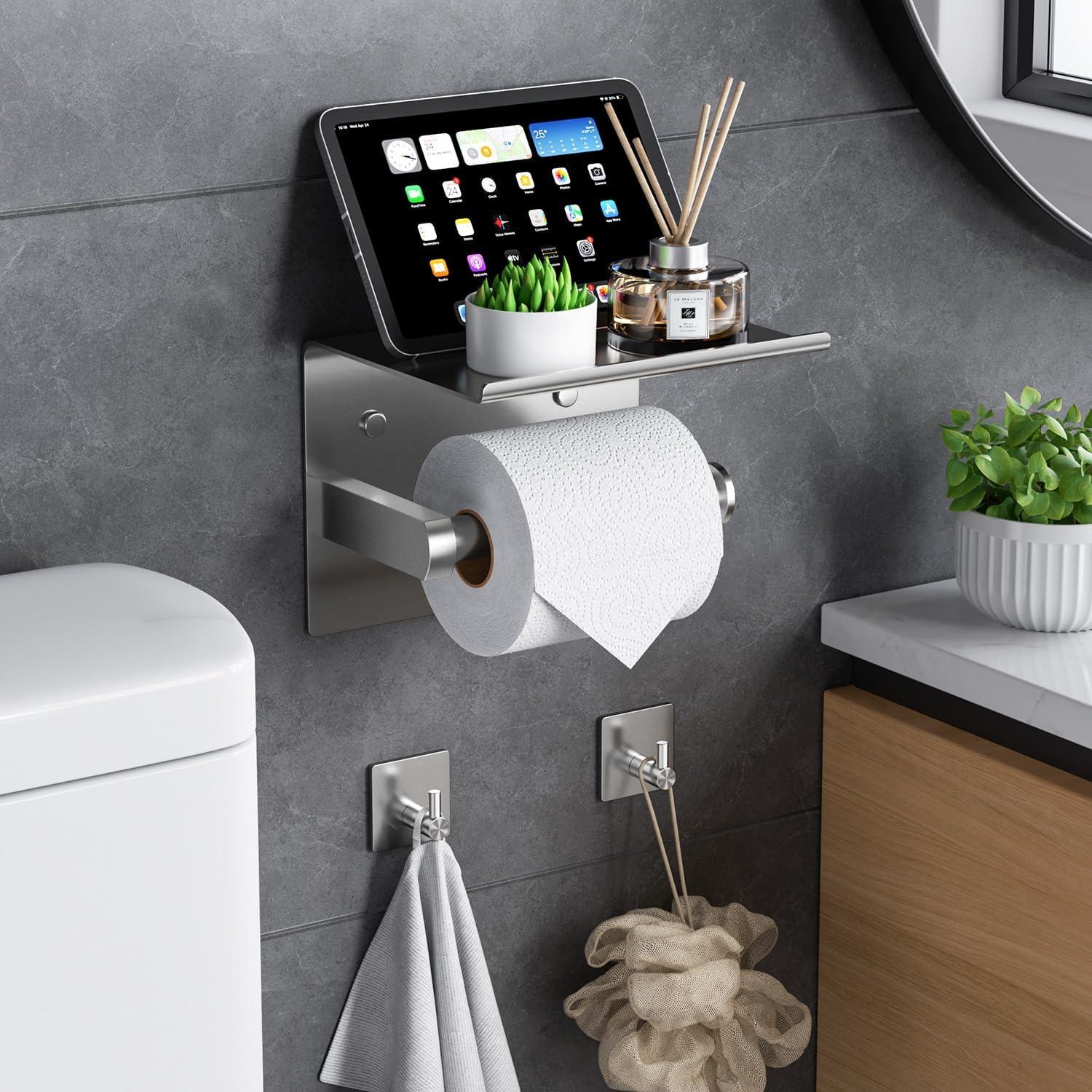 Tindbea Mega Size Toilet Paper Holder with Shelf + Towel Robe Hooks, Adhesive or Screw Wall Mounted Toilet Paper Roll Holder, Stainless Steel Bathroom Hardware Set (Brushed Nickel)