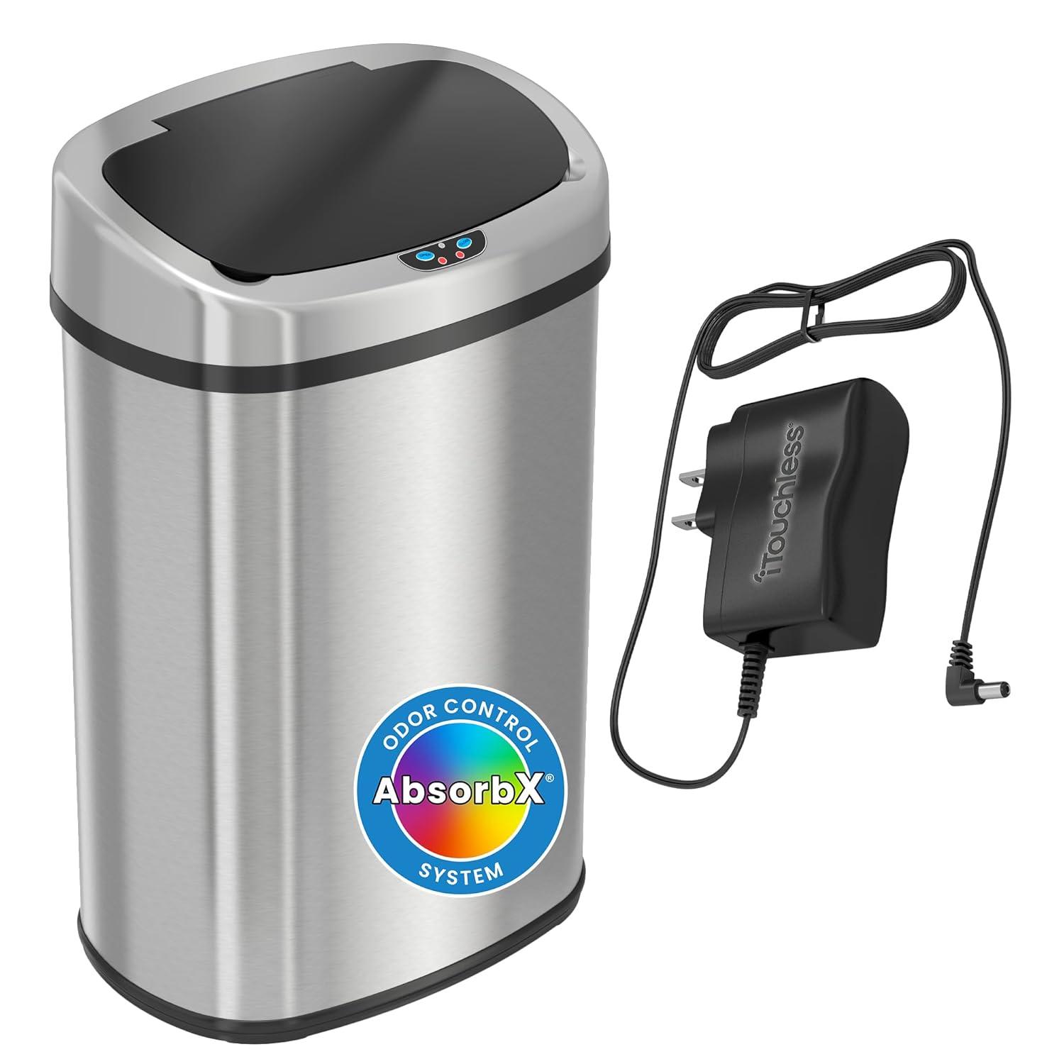 13 Gallon Kitchen Trash Can with Lid and Odor Filter, AC Adapter Included, Motion Sensor Stainless Steel Oval Garbage Bin for Home Office Work Bedroom Living Room Slim Wastebasket