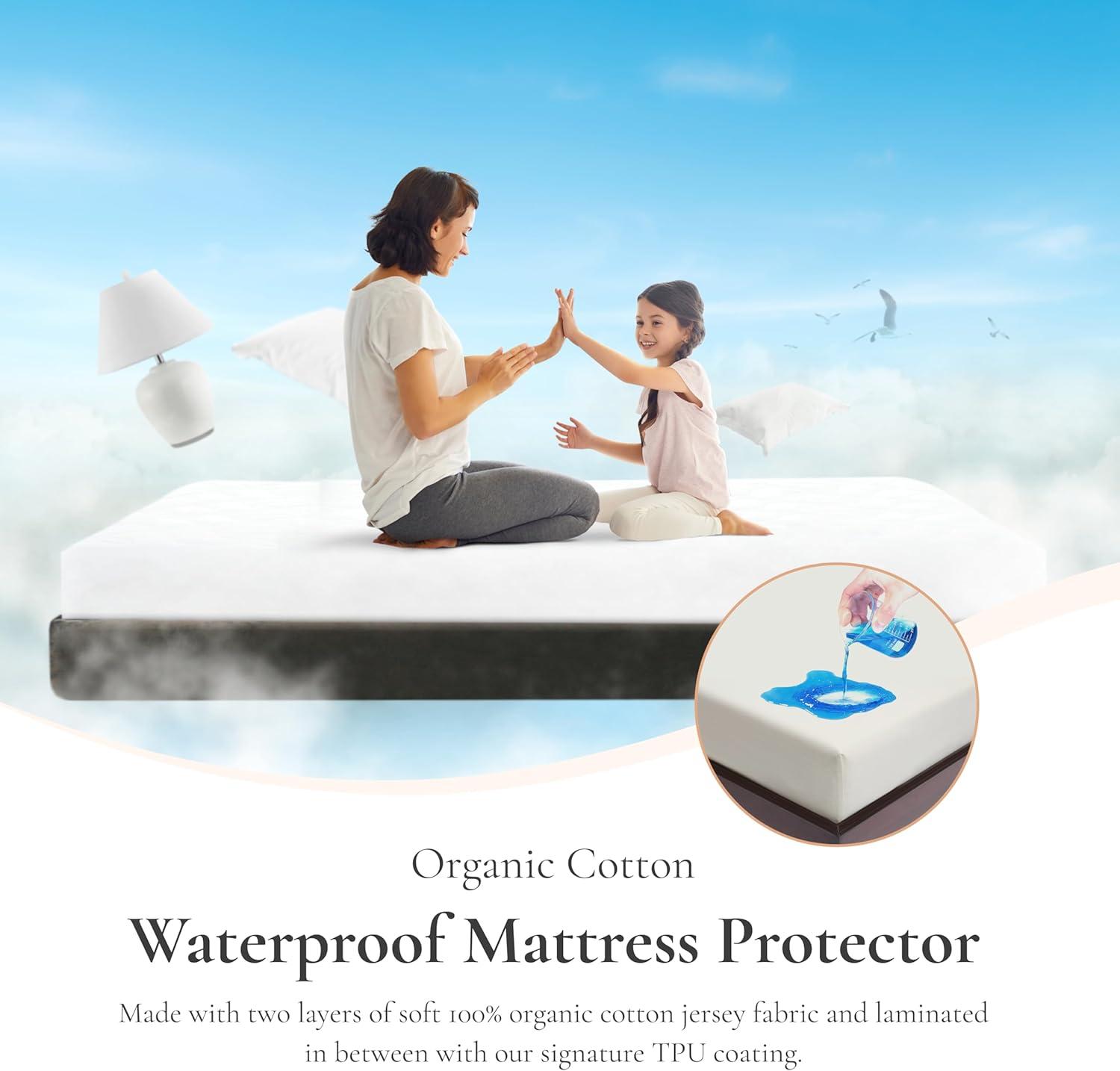 Sleep & Beyond 100% Organic Cotton Waterproof Mattress Protector, Queen, up to 18", Classic Ivory