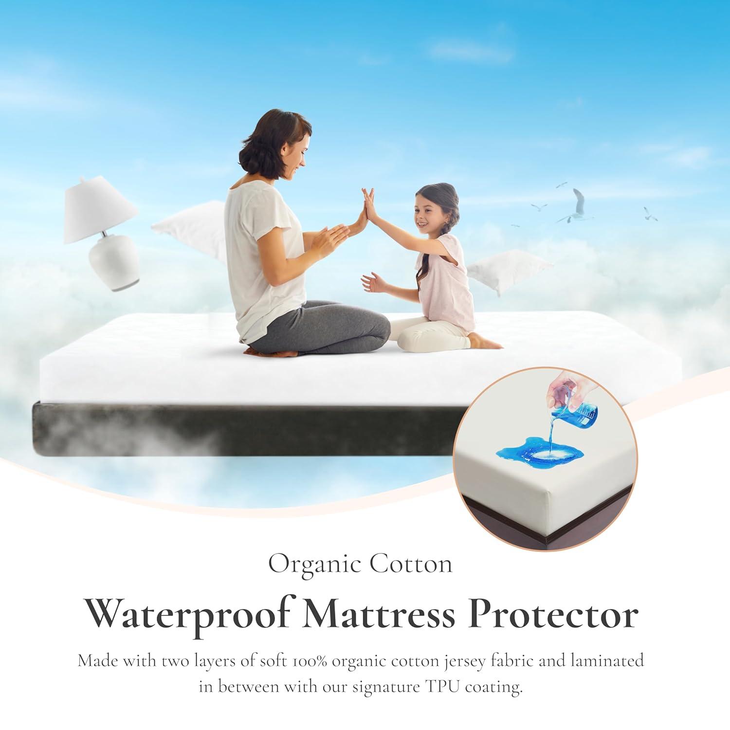 Sleep & Beyond 100% Organic Cotton Waterproof Mattress Protector, Queen, up to 18", Classic Ivory