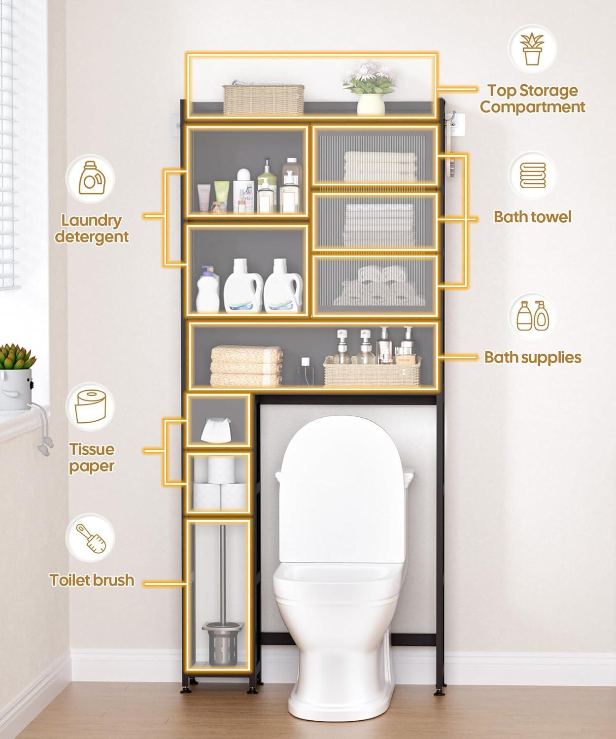 Latitude Run® Over The Toilet Storage Cabinet With Acrylic Door Panel And Paper Towel Drawer, Bamboo Space Saver Shelf, Bathroom Organizer Rack