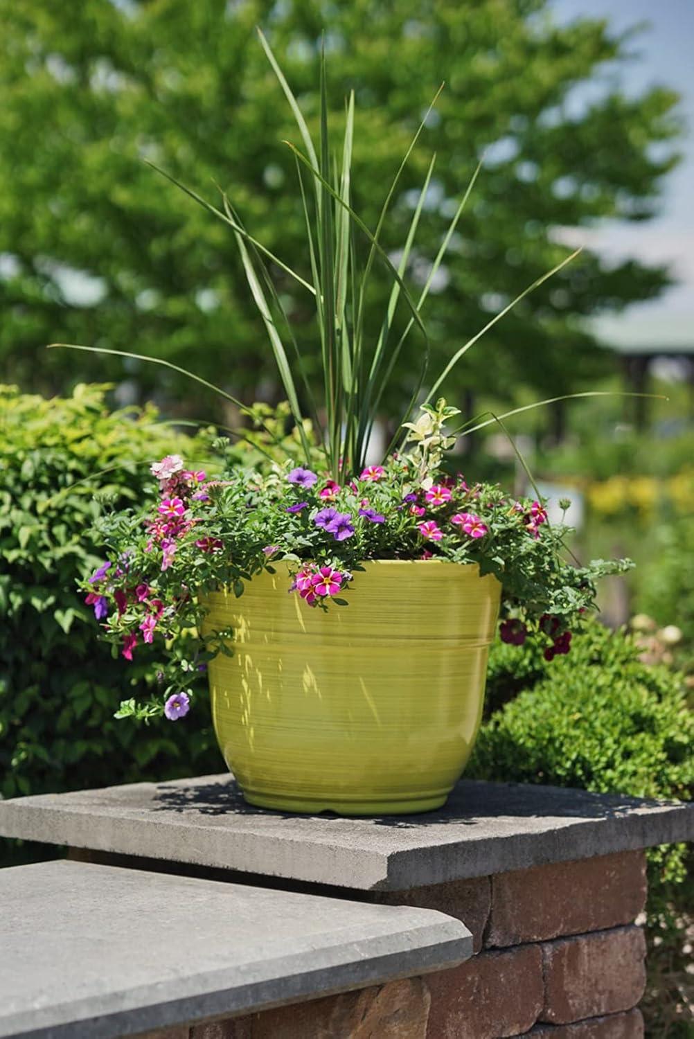 Garden Elements Indoor/Outdoor Glazed Brushed Happy Large Plastic Planter, Bright Yellow, 15"