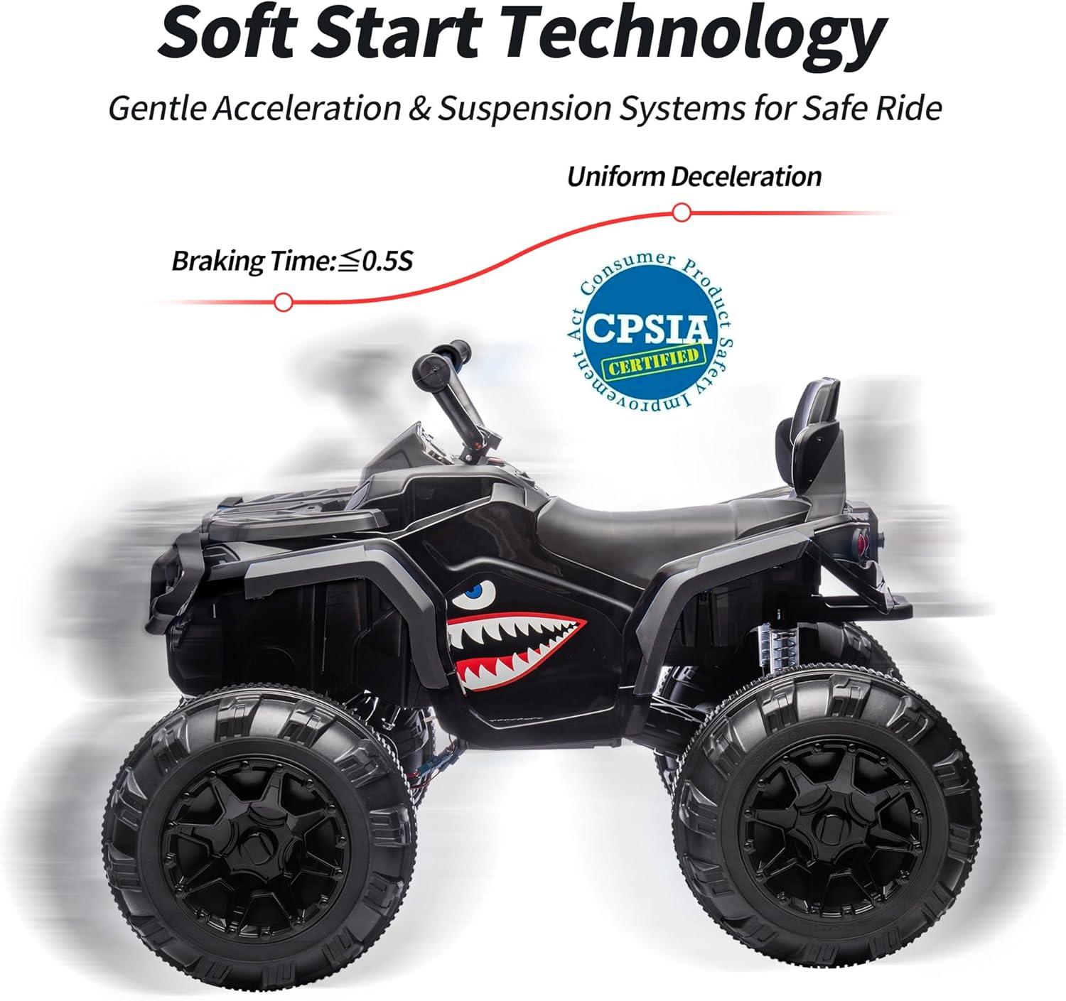 Outfunny Shark Kids ATV 4-Wheeler, 24 Volt 4WD Ride on Toy for Big Kid w/Bluetooth, 4x200W Motor, 5.6Mph Max Speed
