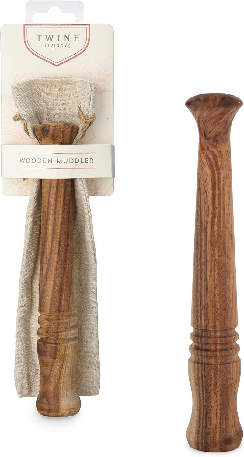 Twine Acacia Wood Muddler, Bar Accessory and Cocktail Drinkware Tool, Kitchen Essential with Jute Storage Pouch, Set of 1, Wood Grain, Brown Finish