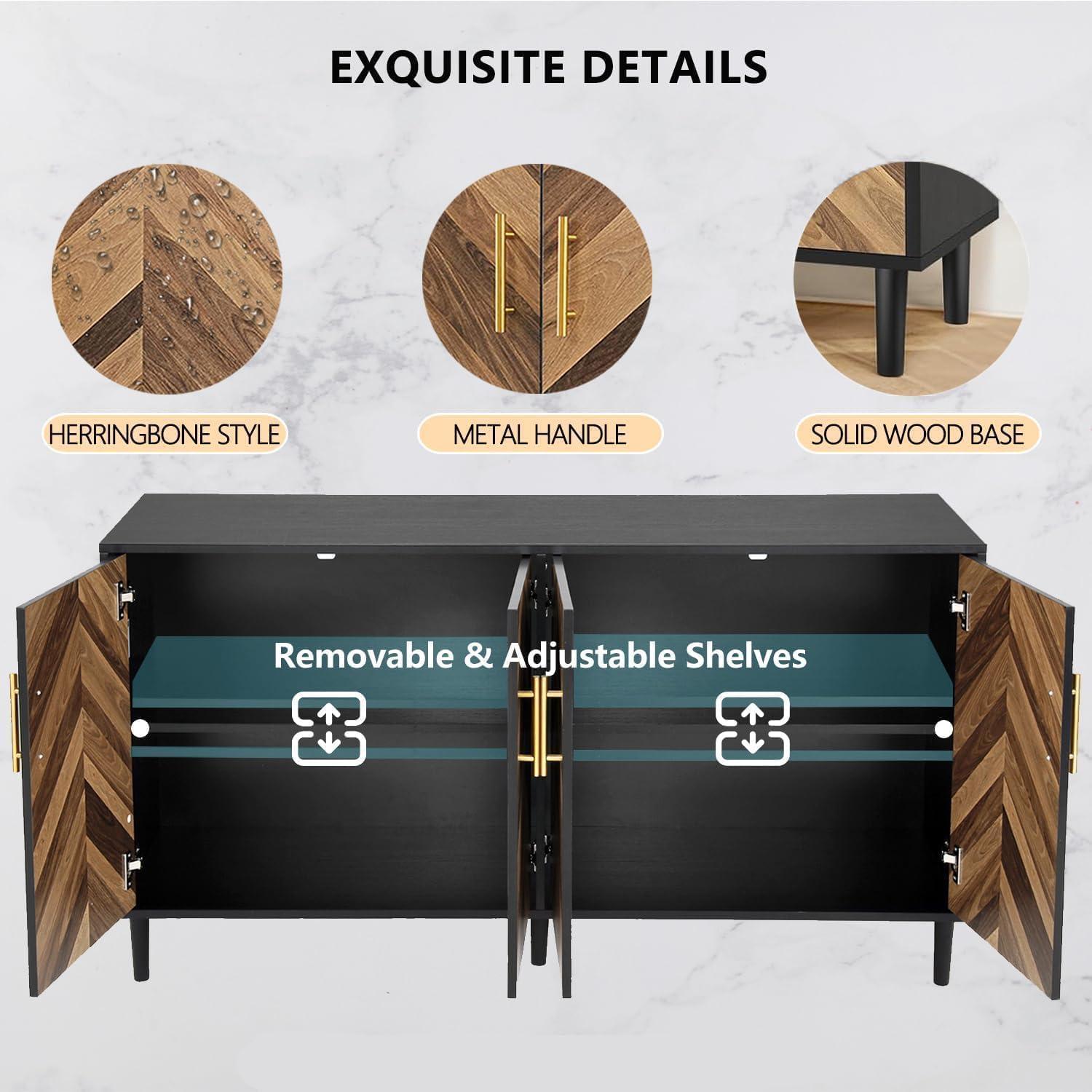 Accent Cabinet, Black Storage Cabinet with Doors Mid Century Modern Sideboard Buffet Cabinet with Storage Shelves Small Wood Accent Cabinets for Living Room Entryway Office, Brown Herringbone