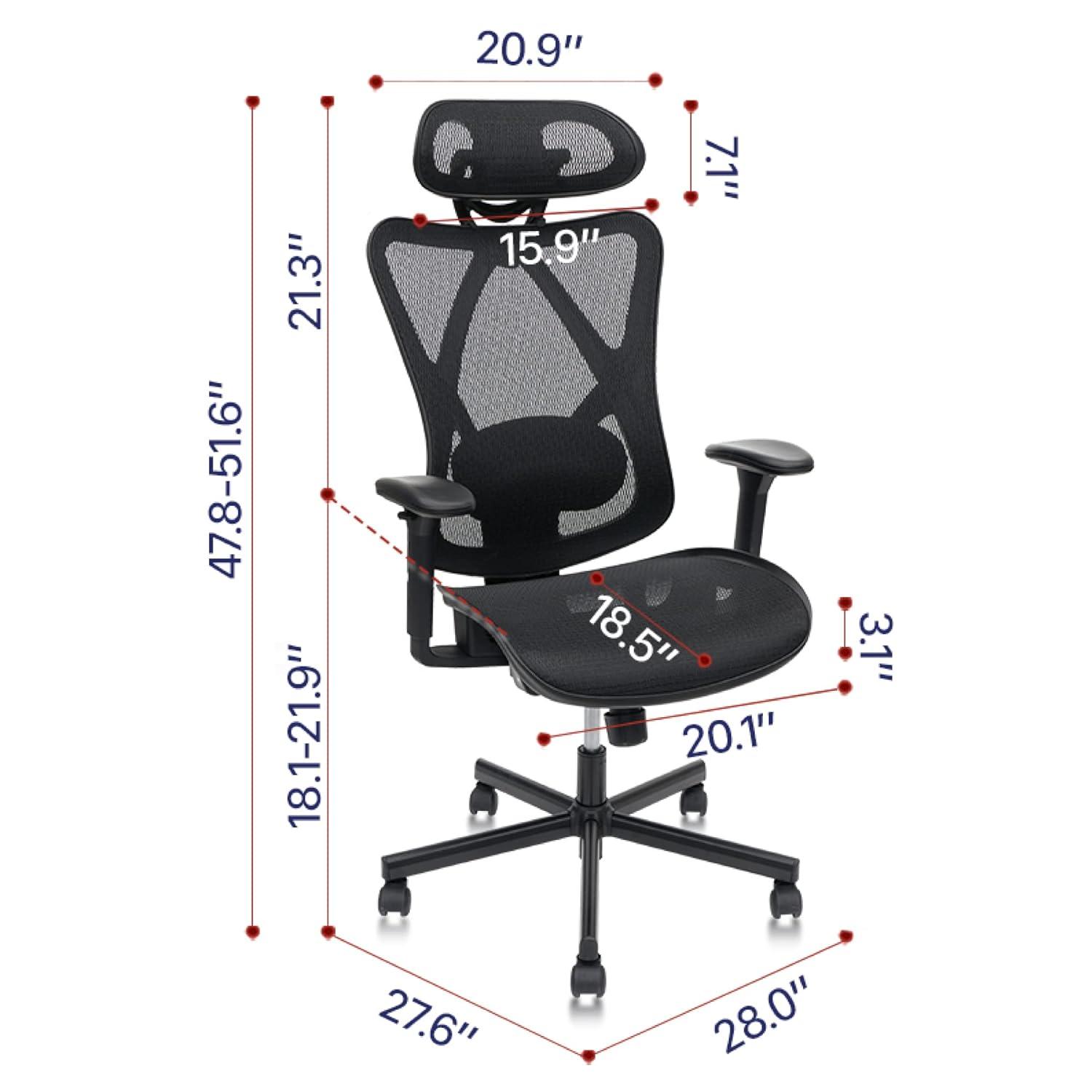 Mesh Office Chair,Ergonomic Office Chairs with Wheels,Adjustable Lumbar Support,Armrest,Headrest-Tilt High Back Desk Chair with Mute Wheel for Office, Home, Gaming