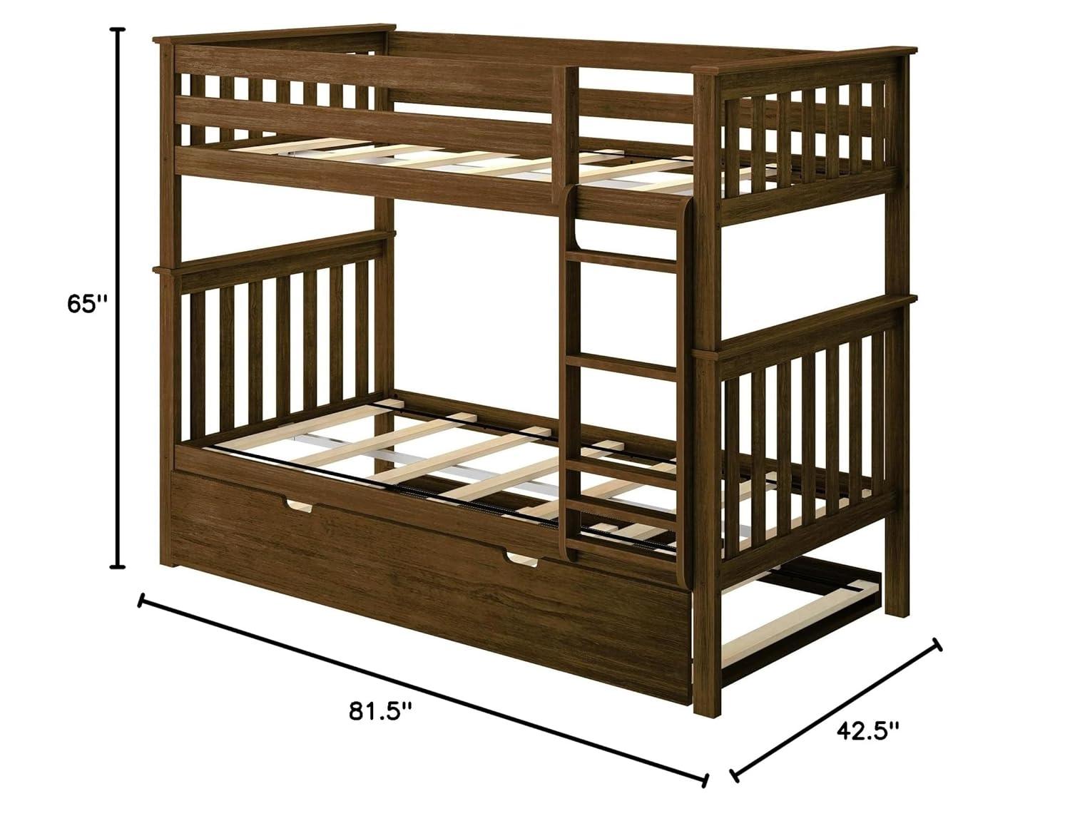 Max & Lily Solid Wood Twin over Twin Bunk Bed with Storage Trundle for Kids, Walnut