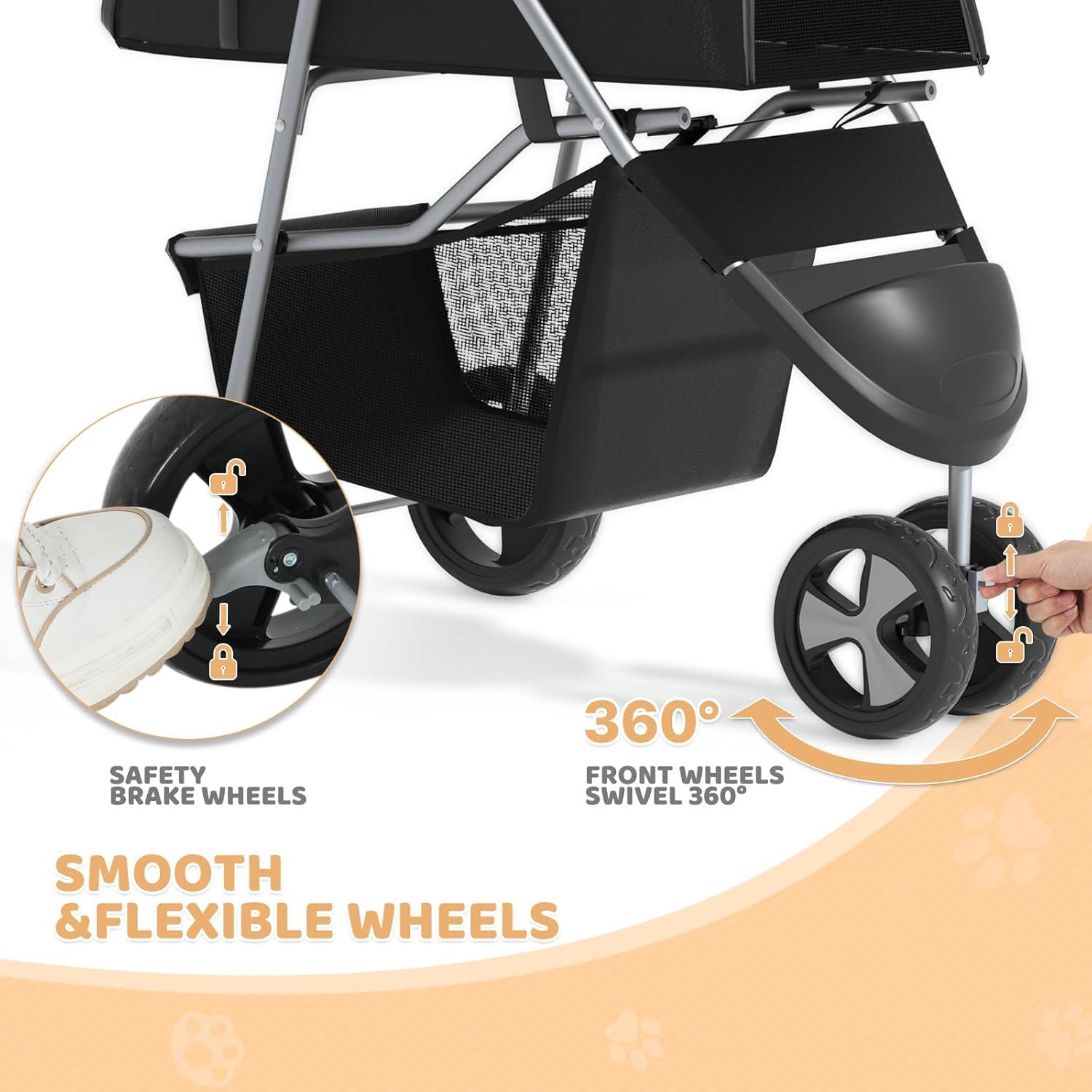 Magshion Foldable Pet Dog and Cat Stroller with Adjustable Canopy Storage Basket and Cup Holder for Small and Medium Pets