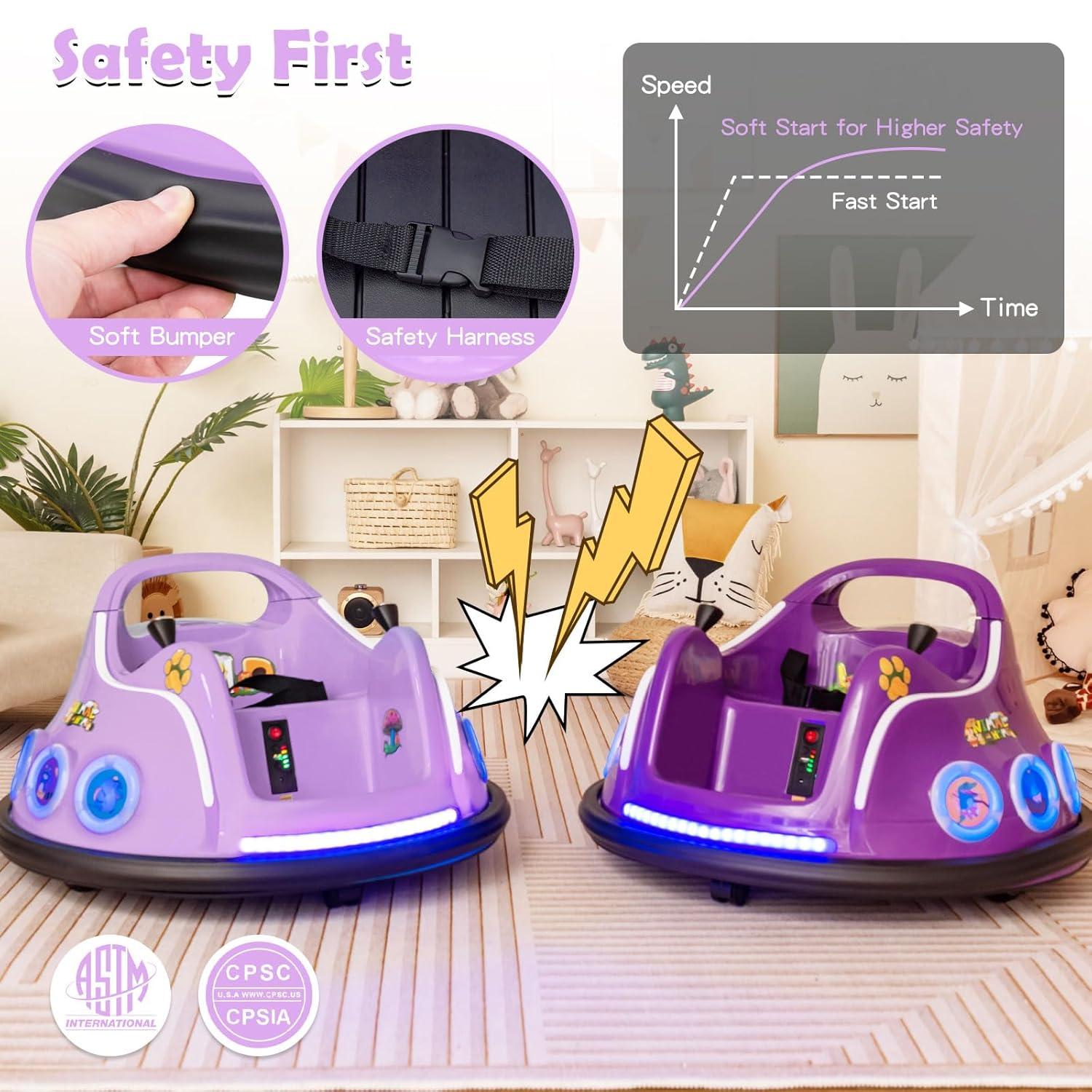 Costway 12V Kids Ride on Bumper Car Remote Control w/ Flashing LED Light & Music Purple