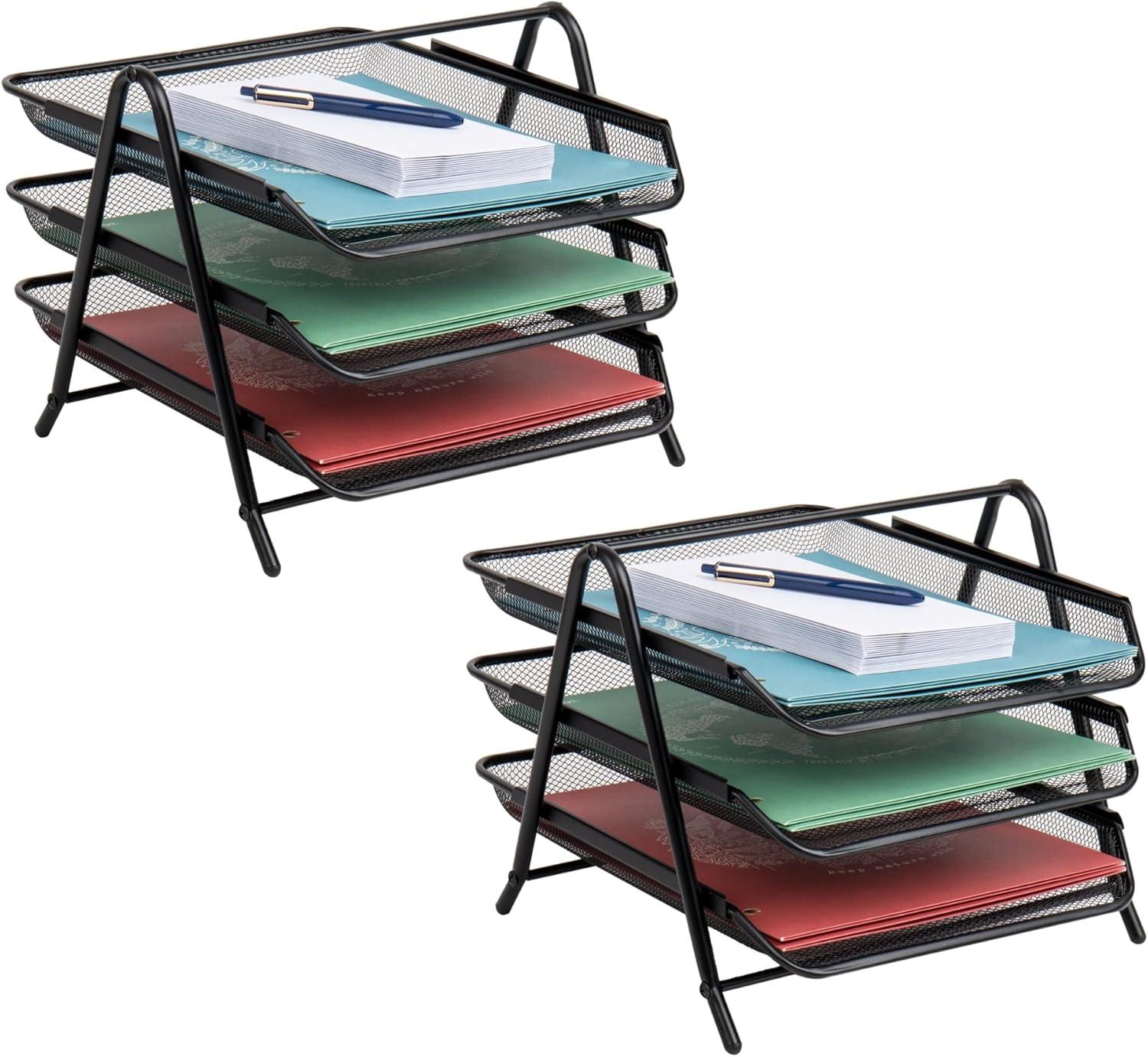 Black Metal Mesh 3-Tier Letter Tray Organizer, Set of 2