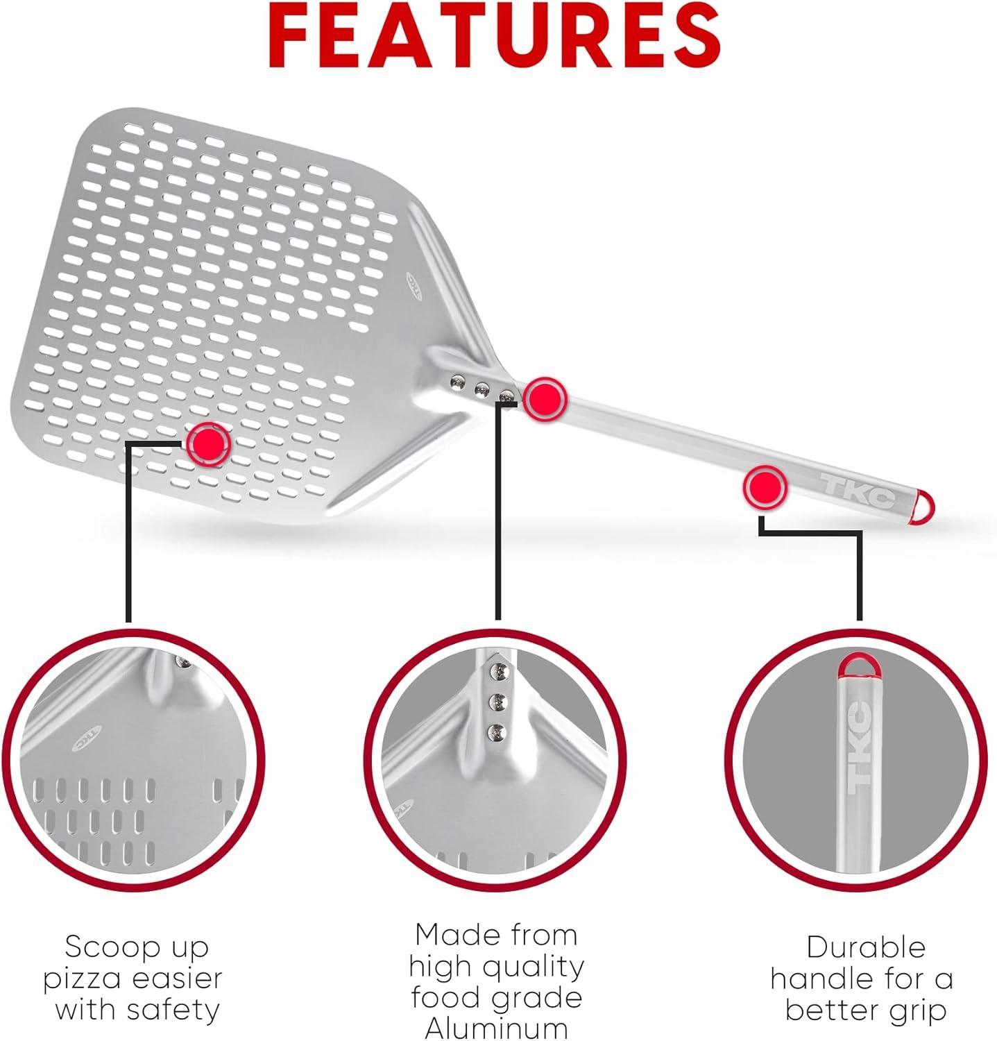 TKC 14 In Perforated Pizza Peel - Aluminum Turning Peel for All Pizza Ovens 31 Black/Red