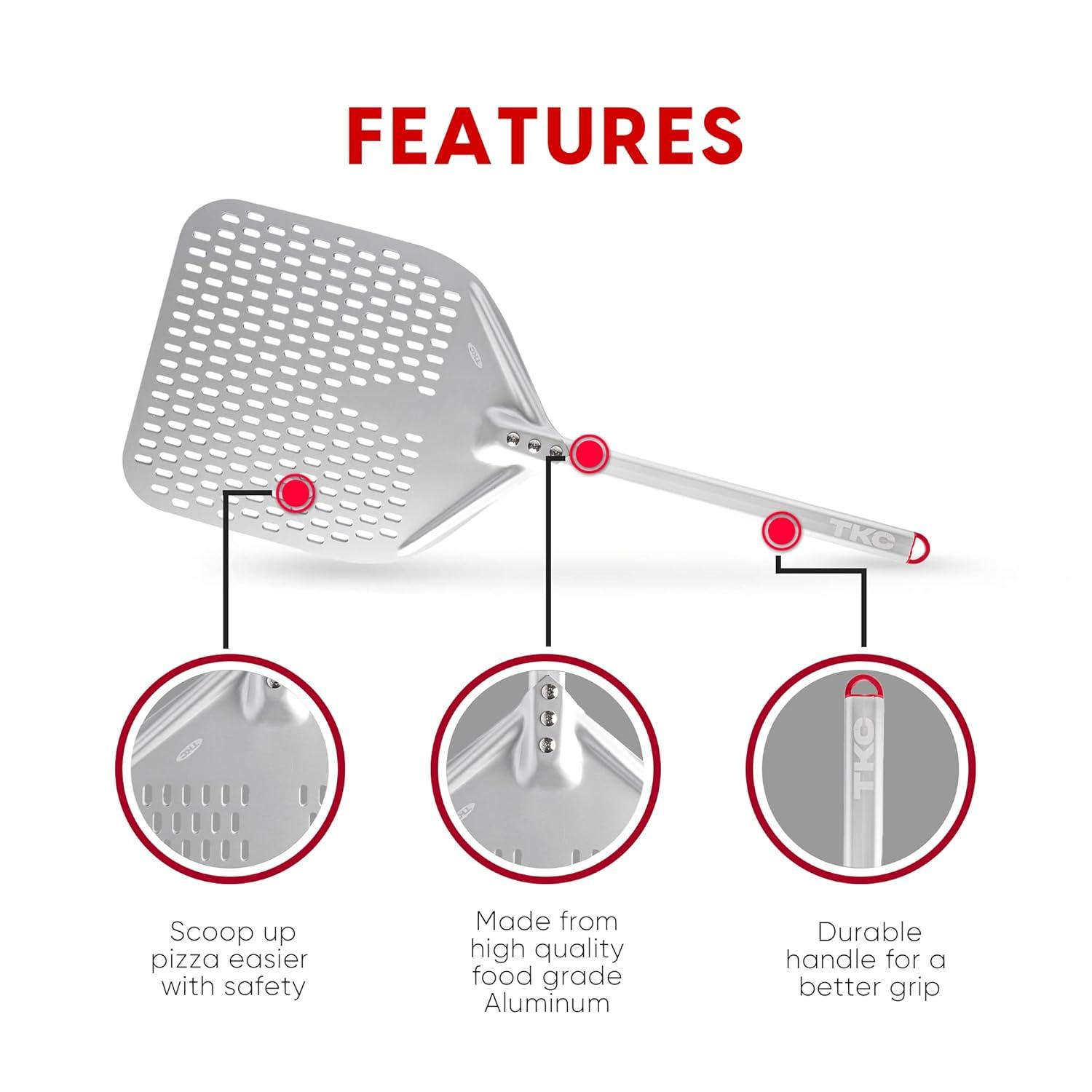 TKC 14 In Perforated Pizza Peel - Aluminum Turning Peel for All Pizza Ovens 31 Black/Red