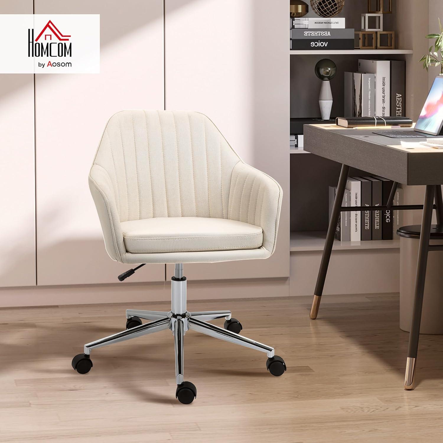 Vinsetto Mid-Back Task Chair, Fabric Home Office Chair, Swivel Desk Chair with Tub Shape Design & Lined Pattern Back for Living Room, Bedroom, Beige