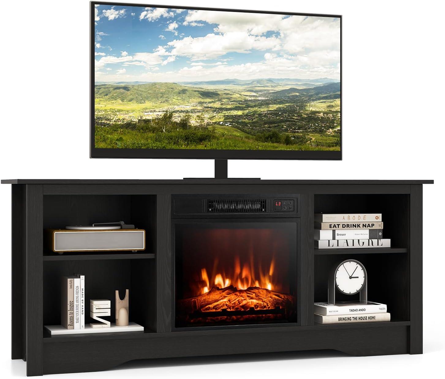 Black MDF TV Stand with Fireplace and Adjustable Shelves