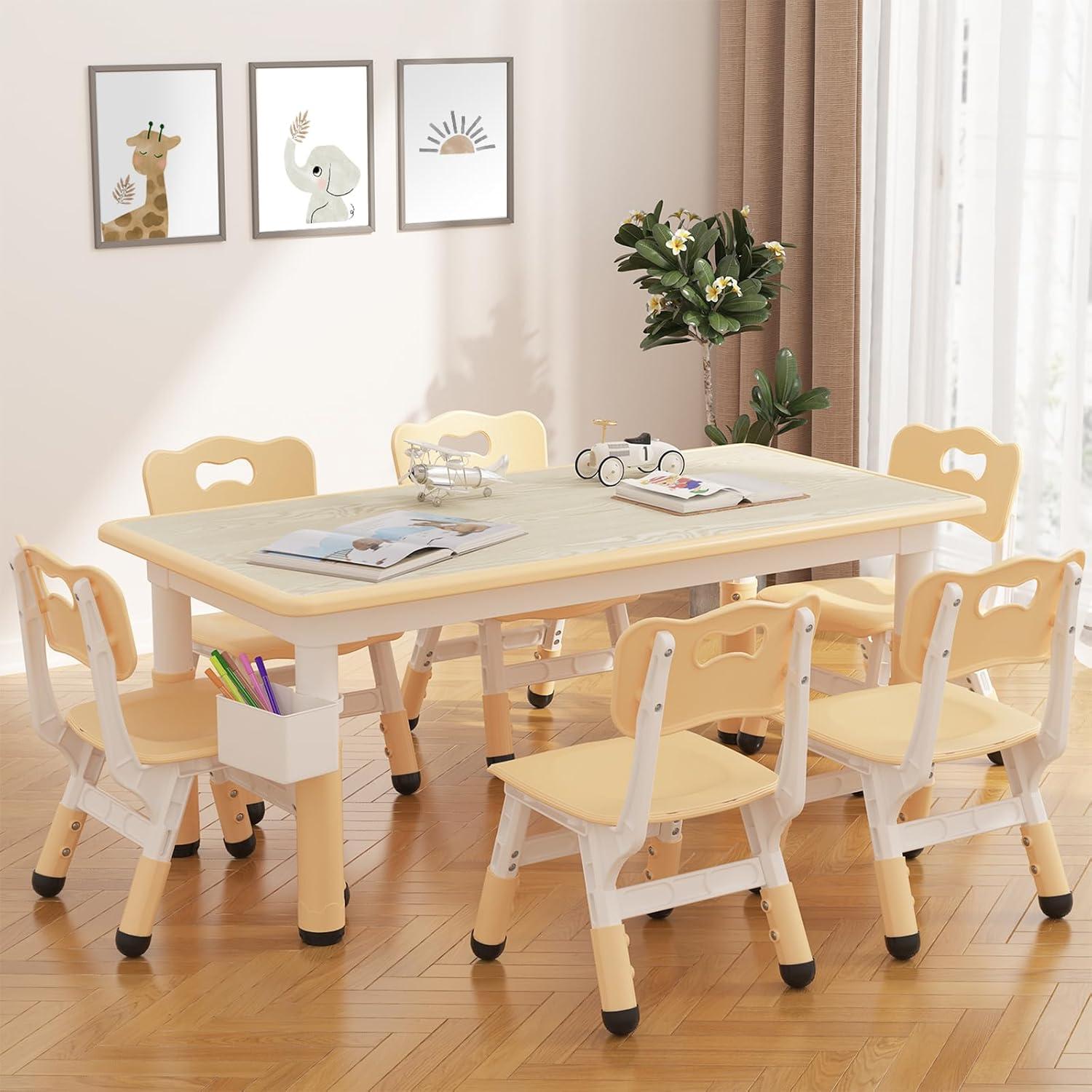 Brelley Kids Table and 6 Chairs Set, Height Adjustable Toddler Desk and Chair Set, Graffiti Desktop, Classroom/Daycare/Home, Children Multi-Activity Table for Ages 2-8