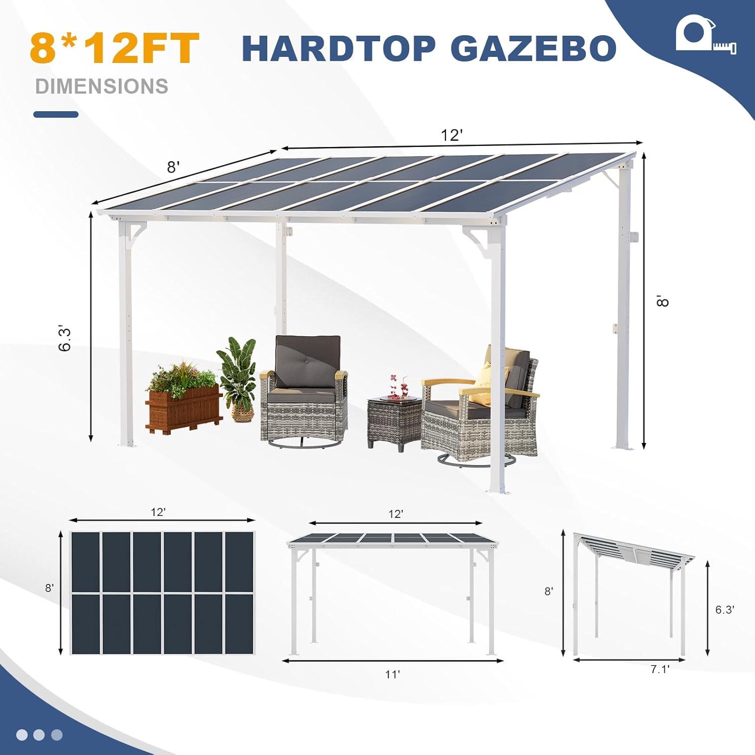 MEISSALIVVE Gazebo, Wall Mounted Gazebo, Lean To Metal Awnings Gazebos, Gazebo Pergola With Sloped Roof, Outdoor Patio Gazebo Awning For Backyard, Deck