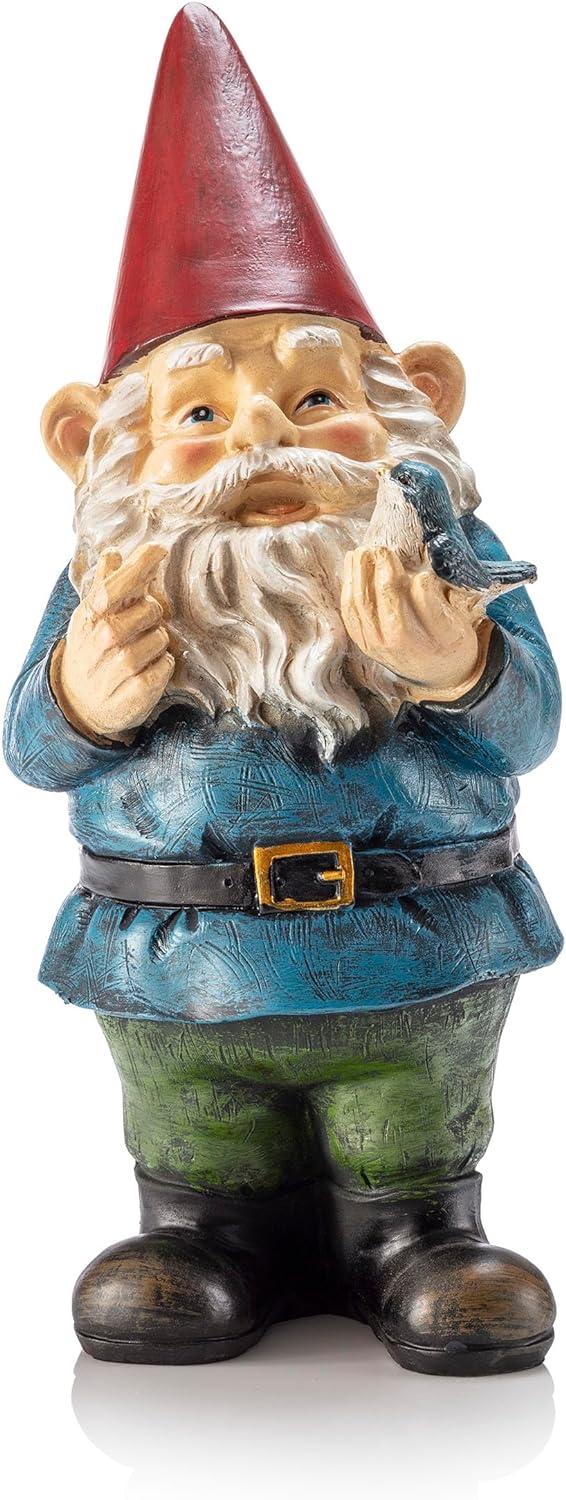 12-Inch Multicolor Garden Gnome with Bird Statue