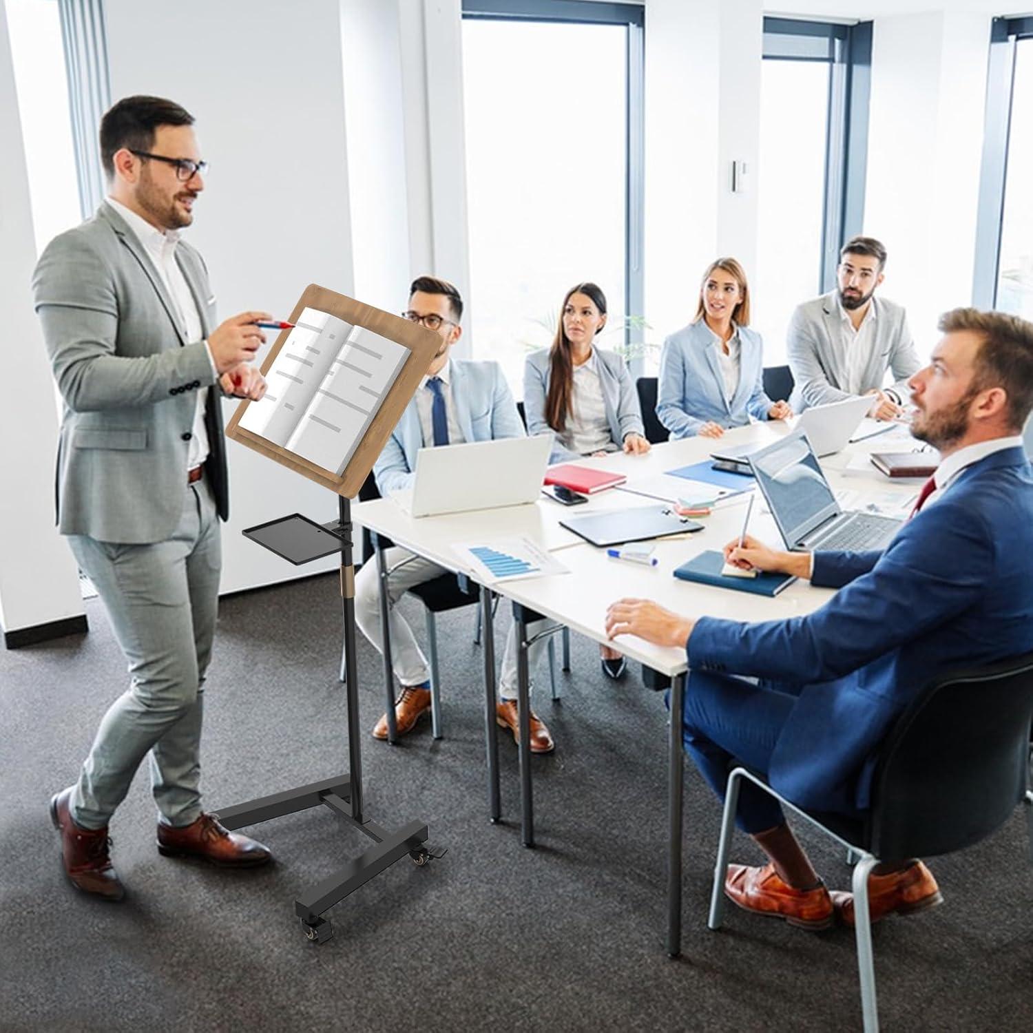 Lectern Podium Stand with Storage Platform, Height Adjustable Steady Standing Design Teacher Speaker Lecture Classroom Presentation Stand, Multi-Function Reading or Laptop Desk with Edge Stopper