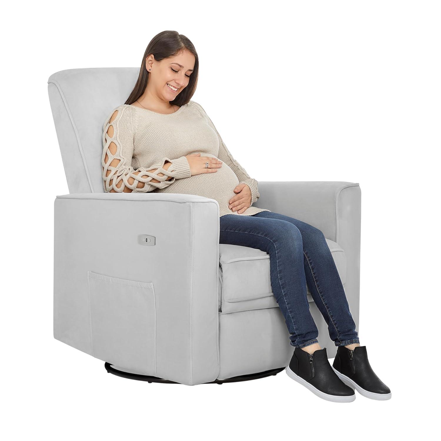 Evolur Harlow Deluxe Greenguard Gold Certified Upholstered Plush Seating Glider Swivel & Power Recliner, Grey