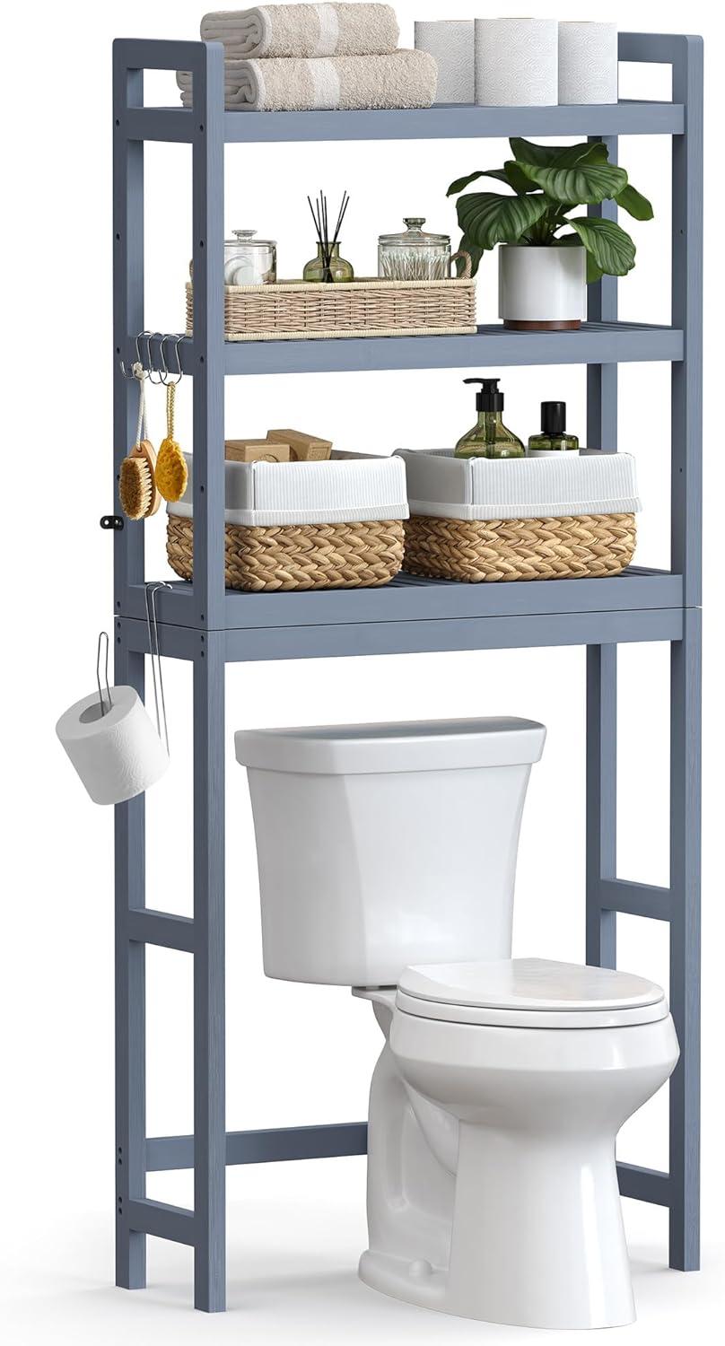 SONGMICS 3-Tier Over The Toilet Storage Bamboo Over Toilet Bathroom Organizer with Adjustable Shelf Grey