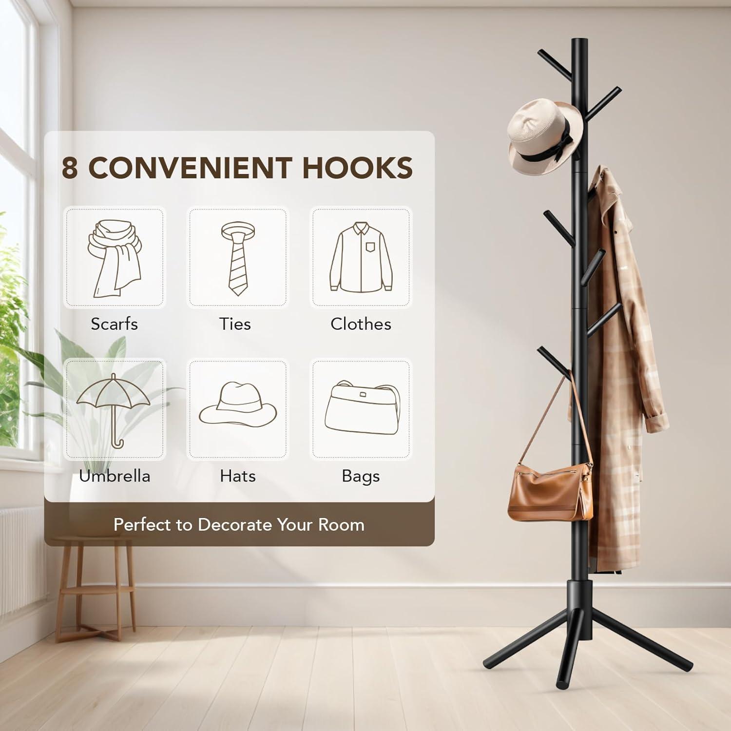 Black Adjustable Height Pine Wood Coat Rack with 8 Hooks