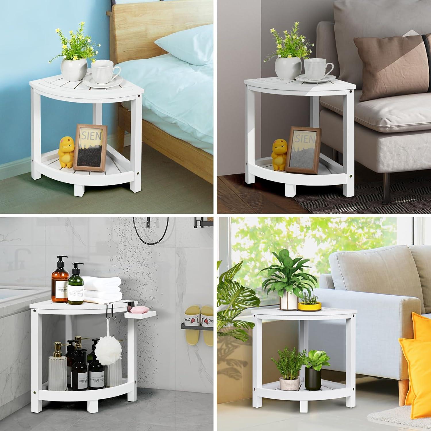 Ollieroo 2-Tier Bamboo Corner Shower Stool for Shaving Legs, Waterproof Bench with Storage Shelf and Soap Dish, Non-Slip Foot Rest (White)