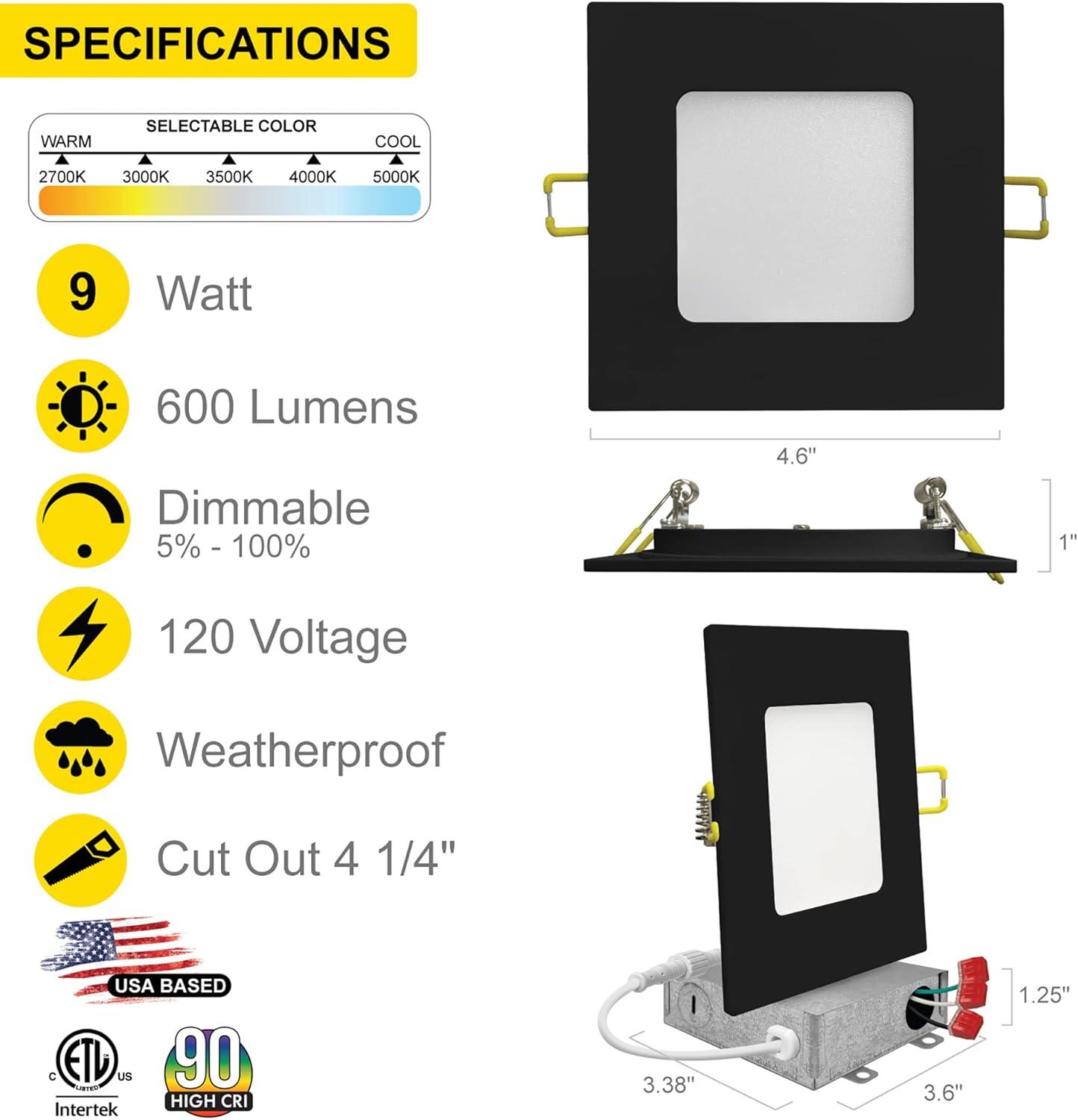 4 in. Slim Canless Square LED Recessed Light 12W 5CCT Dimmable IC Rated 550LM Black Trim 12PK