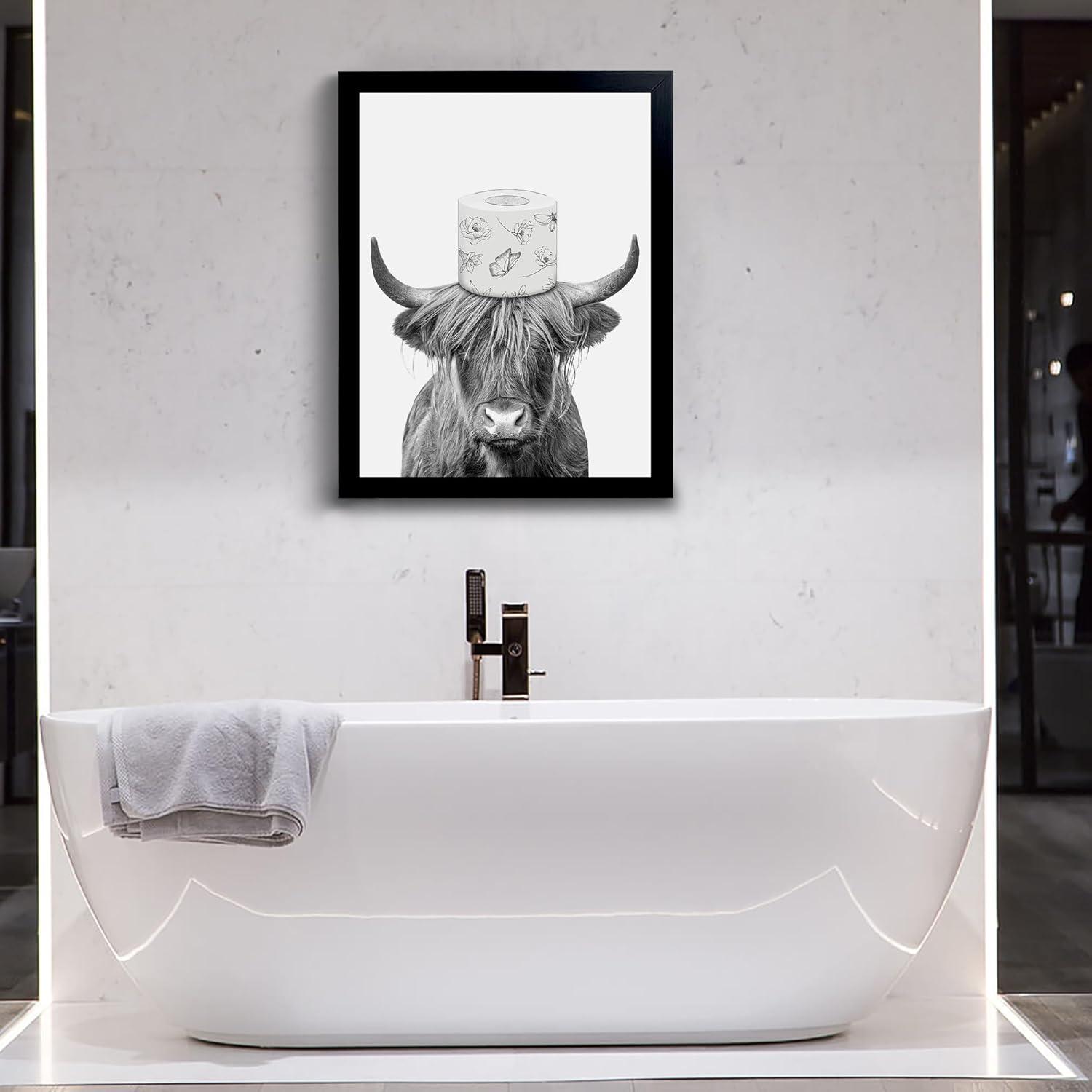 Black Framed Bathroom Decor - Funny Highland Cow Wall Art in Bathtub, Black and White Canvas Cow In Bathroom Picture, Humor Animals Artwork Prints, Rustic Farmhouse Style Wall Decor Ready To Hang for Living Room, Bathroom, Bedroom, Kids Bathroom