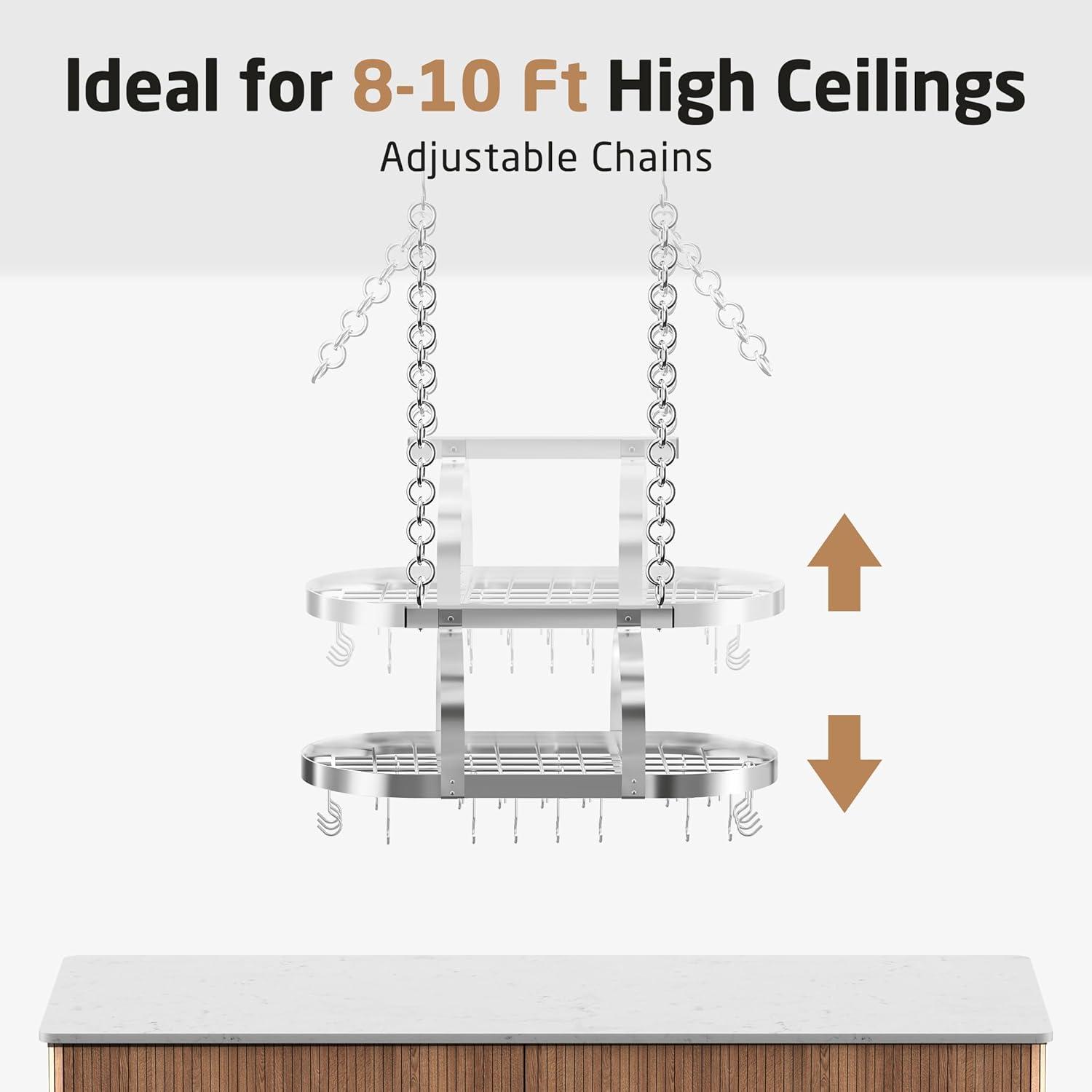 KES 34 Inch Heavy Duty Chrome Hanging Pot Rack Ceiling Mount, Oval Pot and Pan Hanging Rack, Pan Hanger for Kitchen Storage Organizer with 20 S Hooks (For 16" and 24" Ceiling Stud), KUR221S85-CH