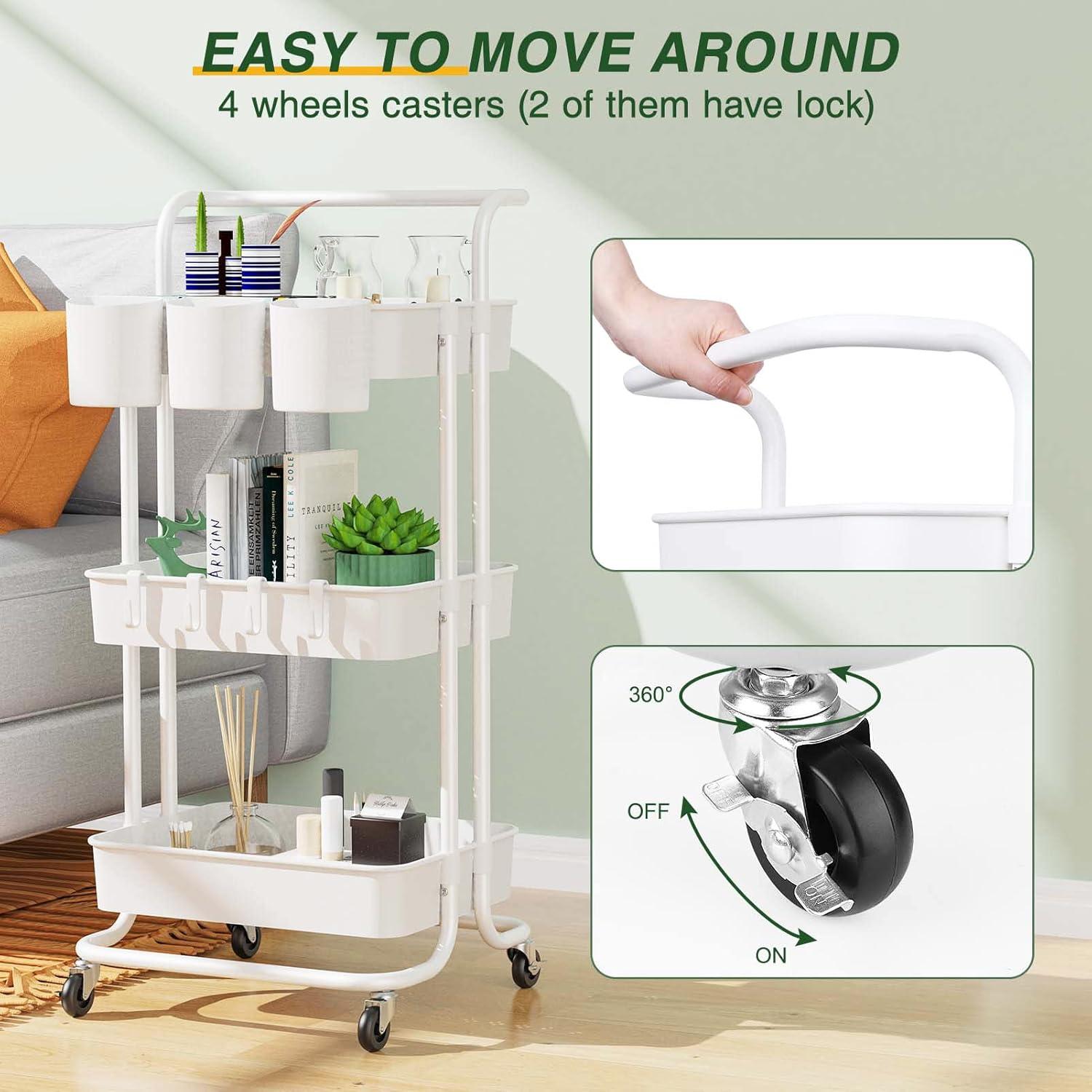 3-Tier Metal Rolling Cart Utility Cart Storage Cart with Lockable Wheels, 3 Hanging Cups & 4 Hooks for Office, Kitchen, White