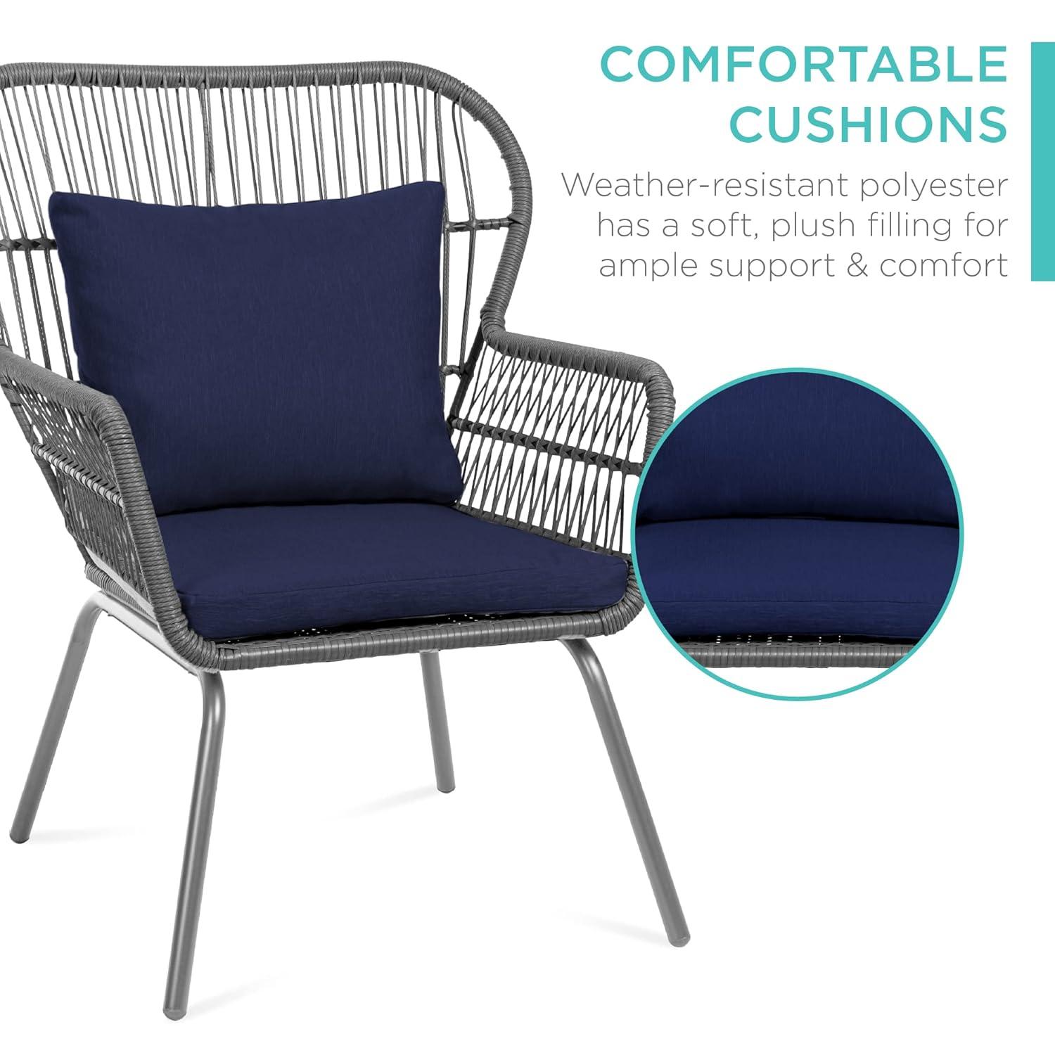 Best Choice Products 3-Piece Patio Conversation Bistro Set, Outdoor Wicker w/ 2 Chairs, Cushions, Side Table - Gray/Navy