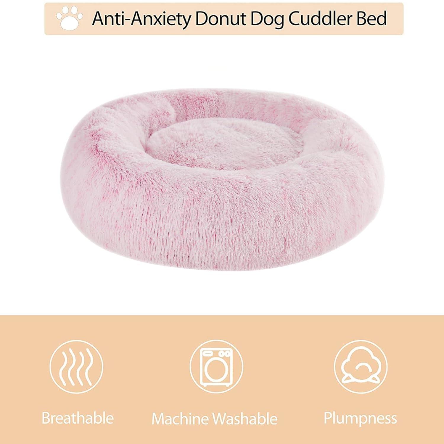 Calming Dog Bed Cat Bed Donut, Faux Fur Pet Bed Self-Warming Donut Cuddler, Comfortable Round Plush Dog Beds (20 X 20 X 8 Inch, Light Pink)