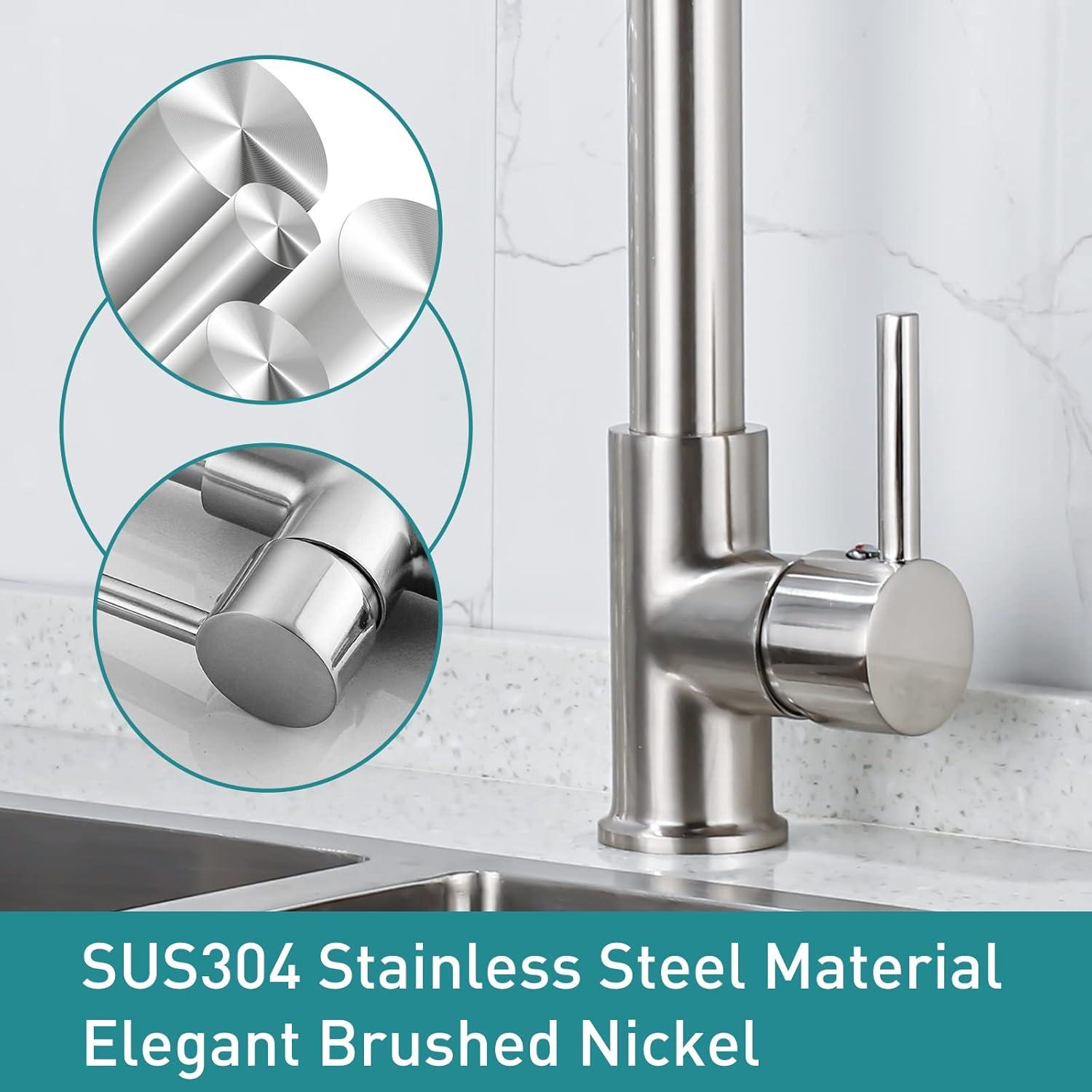 Besdor Kitchen Faucet with Pull Down Sprayer, Spring Single Handle Faucet for Kitchen Sink, Two Function Sprayer, 360-degree Rotation, with Deck Plate, 304 Food Grade Stainless Steel, Brushed Nickel