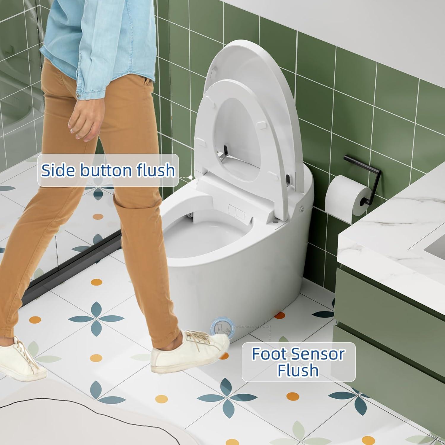 Smart Toilet with Warm Water Sprayer, Foot Sensor Operation, Heated Bidet Seat, Raised Tankless Toilet with LED Display