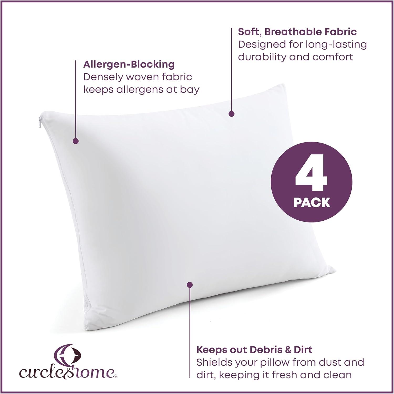 Circles Home 100% Cotton Breathable King Pillow Protector with Zipper – (4 pack)
