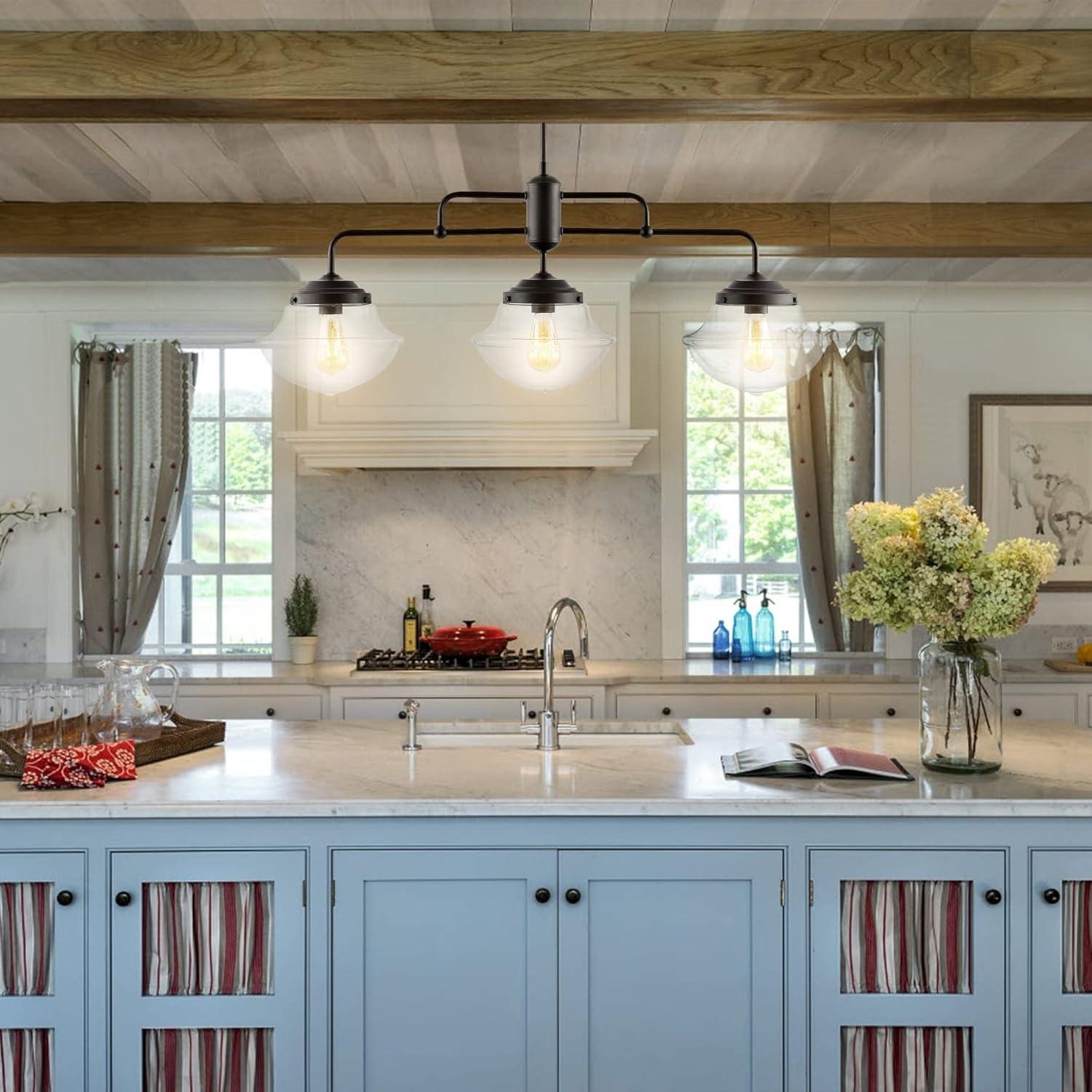 Avery 37.5" 3-Light Industrial Farmhouse Rustic Iron/Glass Linear LED Pendant, Oil Rubbed Bronze/Clear