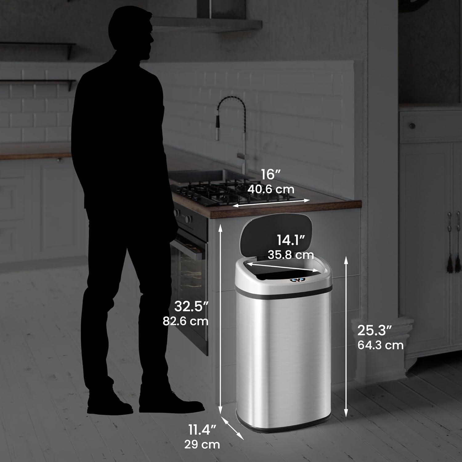 13 Gallon Kitchen Trash Can with Lid and Odor Filter, AC Adapter Included, Motion Sensor Stainless Steel Oval Garbage Bin for Home Office Work Bedroom Living Room Slim Wastebasket