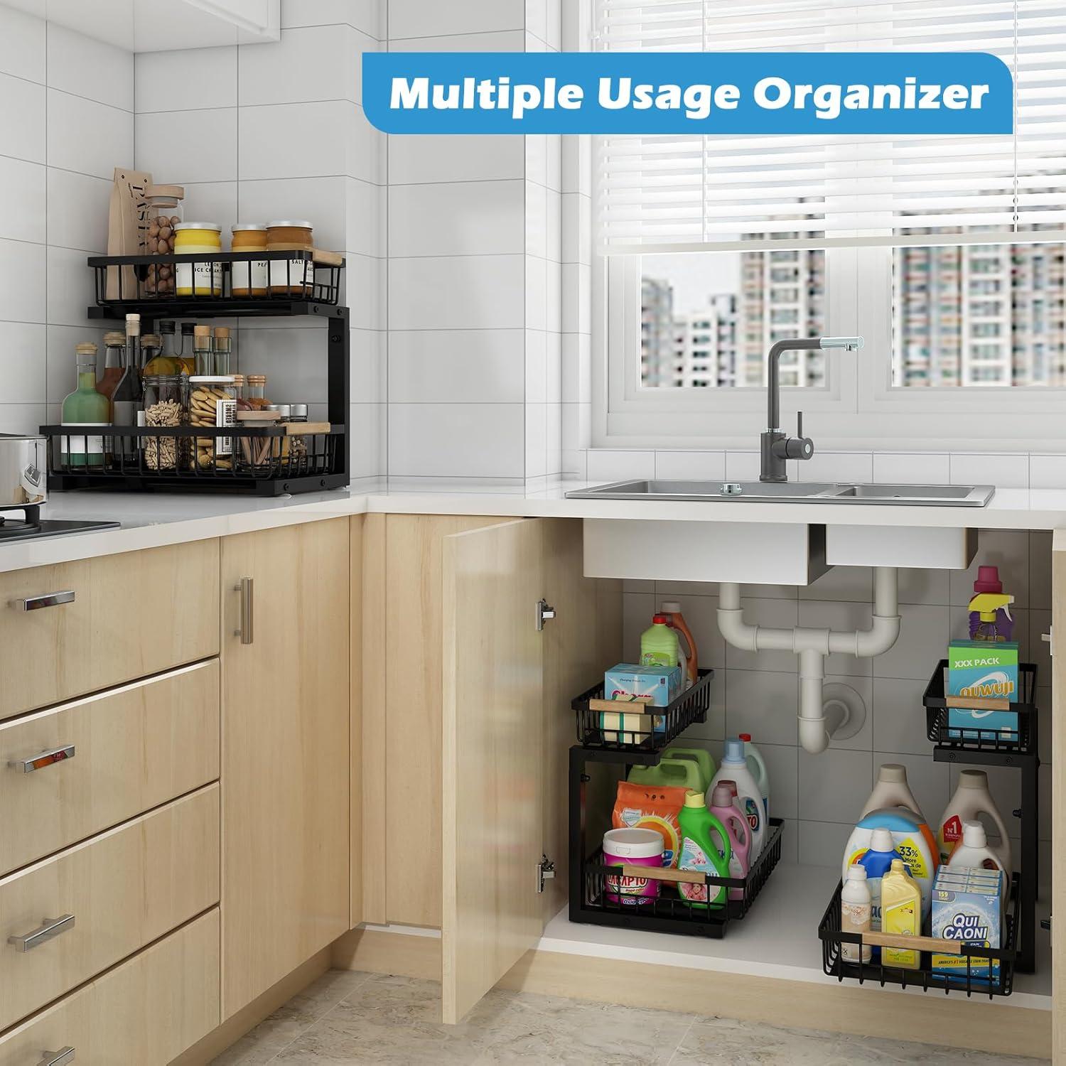 Rebrilliant Under Sink Organizer, 2 Tier Under Sink Organizers And Storage, Metal Slide Out Pull Out Cabinet Organizer ,2 Pack Sliding Drawer Organizer For Kitchen Bathroom Pantry