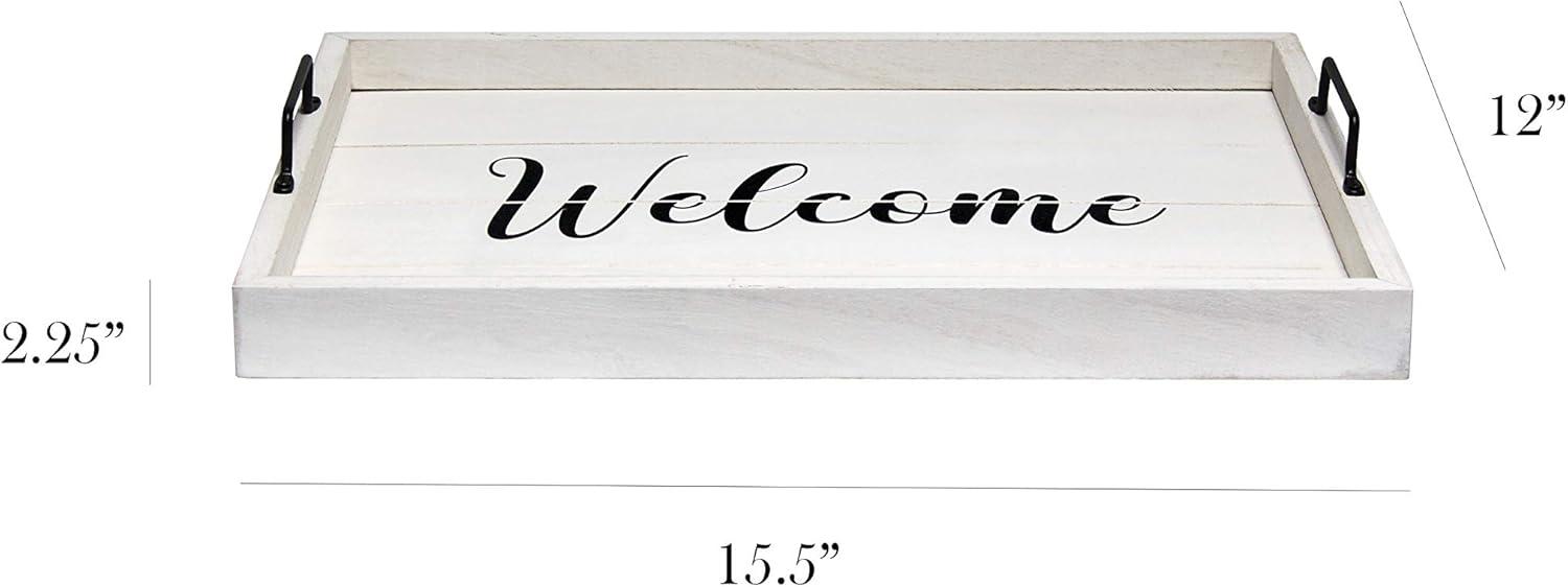 Elegant Designs 15.5" x 12" Decorative Wood Serving Tray, "Welcome", White Wash
